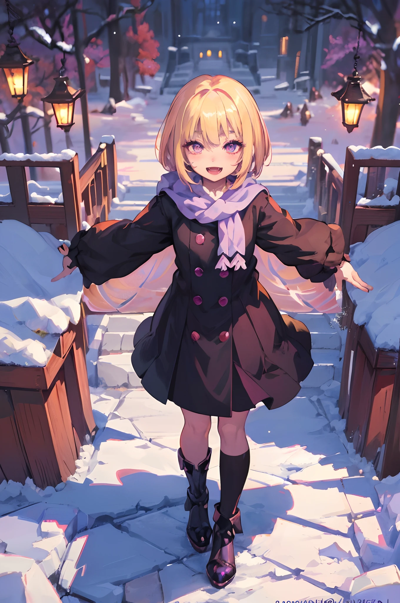 Original Character, Volumetric Lighting, Best Shadows, Shallow Depth of Field, Portrait Of Stunningly Beautiful Girl, Petite, Delicate Beautiful Attractive Face With Alluring purple Eyes, Smiling, Open Mouth, Fangs Out, Blond short bob, Blush Eyeshadow, Thick Eyelashes, (Highest Quality, Amazing Details:1.25), (Solo:1.3), Brilliant Colorful Paintings