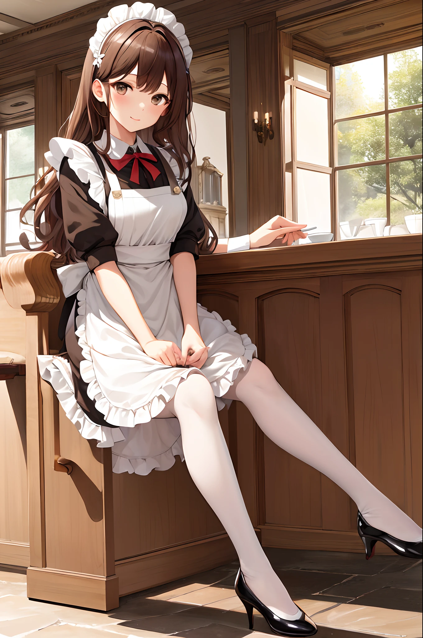 masterpiece, best quality, highres, brown hair, curly hair, hazel eyes, maid, maid headdress, apron, indoors, sitting, pose, black high heels