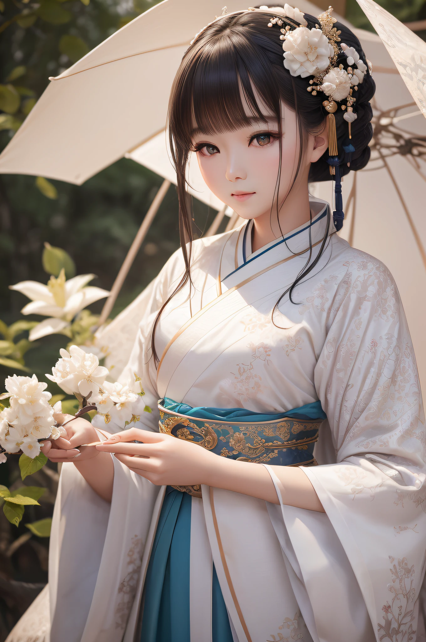 a 3-year-old a，Wearing a white monk's robe，Chubby little face，Big round eyes，A  High Bridge of nose，With a smile，had his hands folded，Sit cross-legged。Lotus pattern on background。