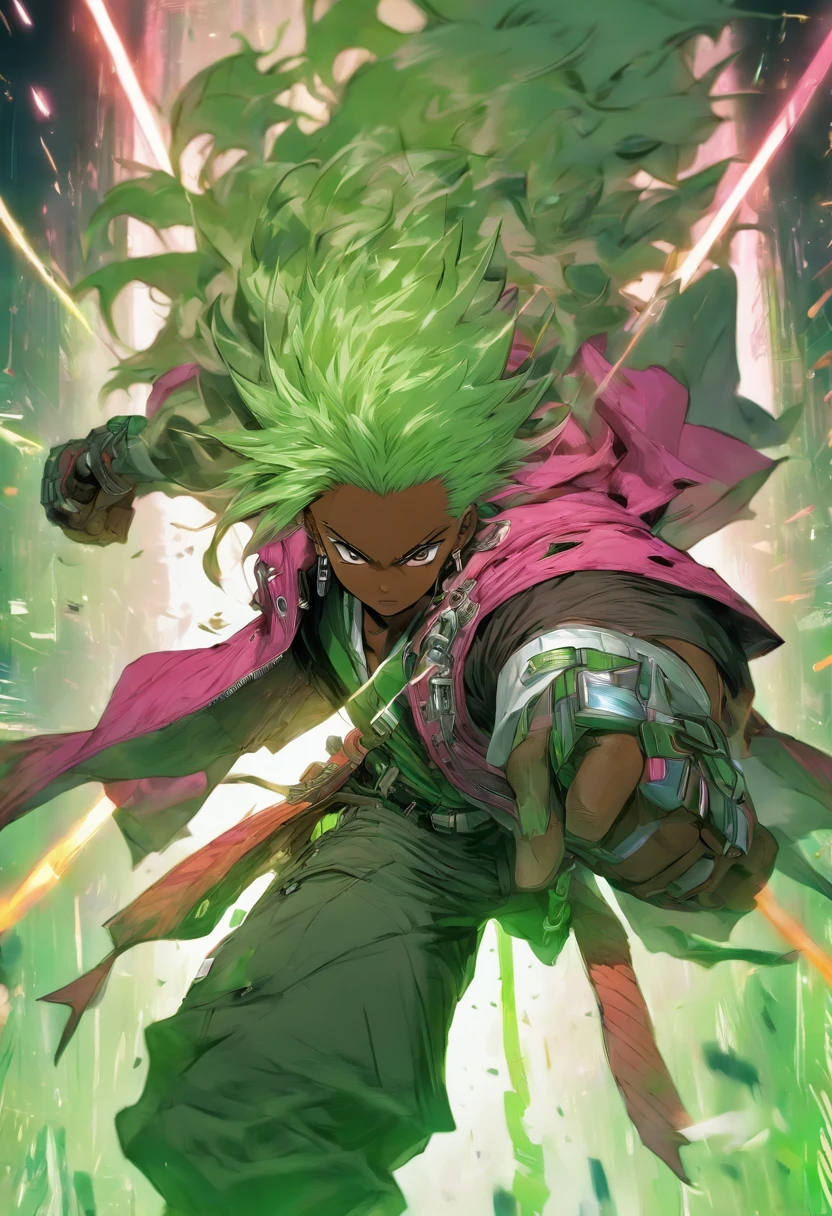 (masutepiece, Best Quality), Concept art, Full body image of a man with dark skin wearing (Big green jacket:1.2) and a white shirt, fight pose, Intricate details, chromatic abberation, (Black skin:1.2), 1girl in, curly hair, Silver hair, hair messy, Robot legs, biomechanical, Hair over one eye, brue eyes, Sharp eyes, Neon Shirt, Open jacket, Big sword, Cyber Katana, Dark Blade, JRPG Style, Tech Fantasy, Final Fantasy, Pastel colors, (Simple background, White background:1.3)