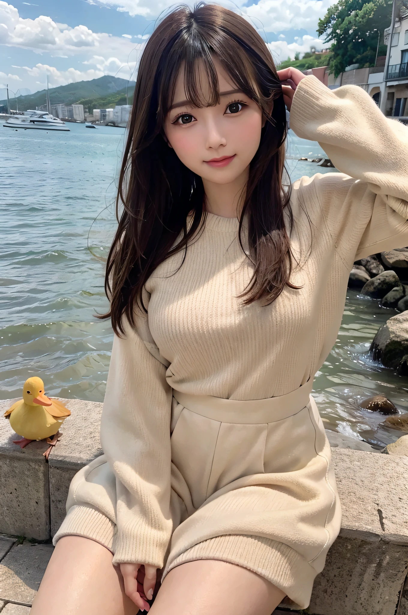 best quality, ultra high resolution, (photorealistic: 1.4), (detailed beautiful girl: 1.4), (medium breasts: 0.8), olhando_no_visualizador, detailed facial details, beautiful and detailed eyes, (brown hair), brown eyes, smile (makeup: 0.4), red lips, (full body, sitting, beach, high waves, ), very detailed clothes, (ulzzang-6500-v1. 1:0.3) \, yellow ducks, strong wind,