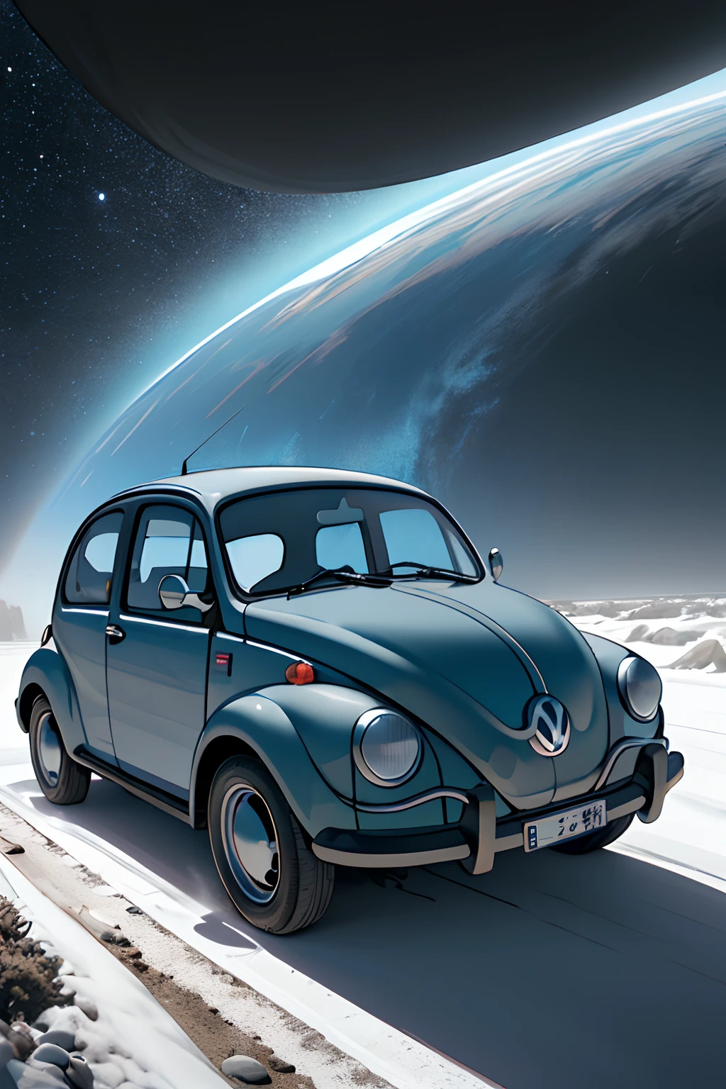 Volkswagen Fusca futurista preto em uma rodovia interdimensional. Cosmic horror setting with Lovecraftian monsters nearby, arte conceitual, fotografia de retrato, fantasia sombria, fotografia, cinemactic,