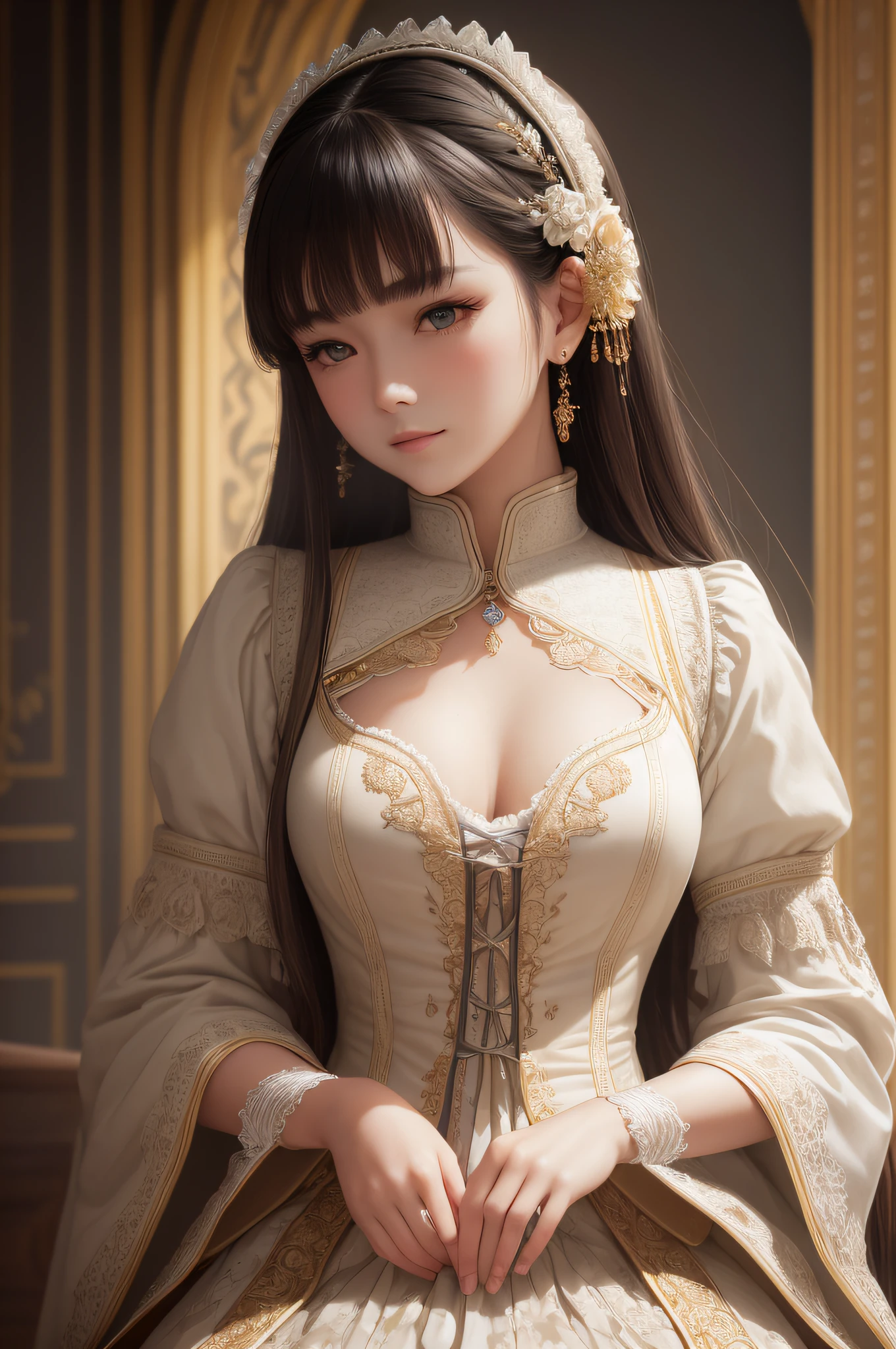 tmasterpiece,highest quality,RAW photos,Beauty in period costume,the detail,the detail, (highdetailskin:1.2),8k ultra high definition,Slr,Soft light,high qulity,filmgrain,富士XT3,Luxurious,3d depth,Complex design,delicate patterned,the lora:Jz:0.9