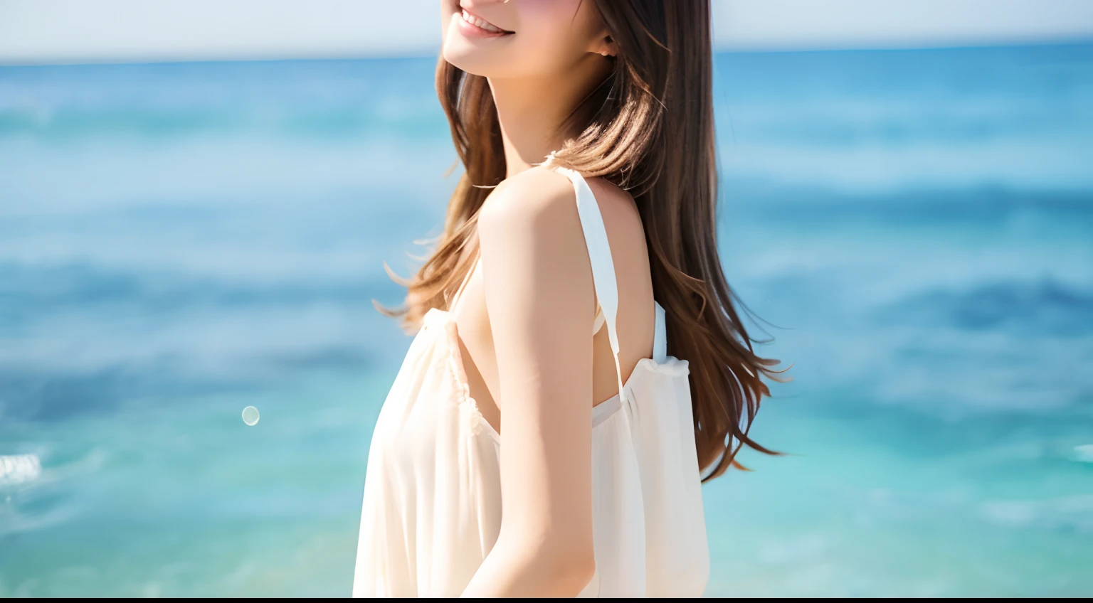 long brown hair、White Dress、The Sunshine、White sandy beach、Smaller person、the golden ratio、watercolor paiting、pastels、Beautiful woman in her 20s