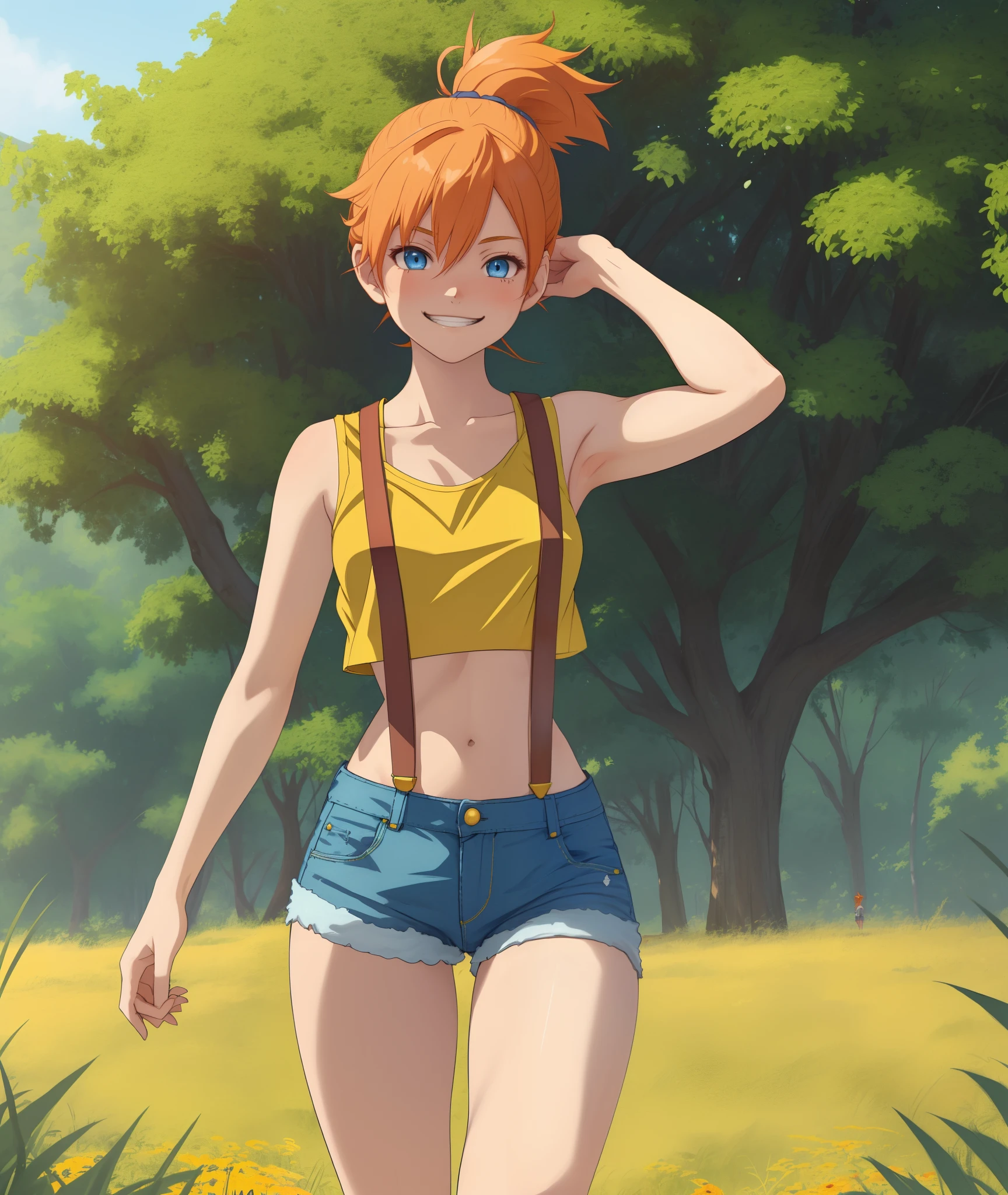 [Misty_(Pokemon)], [Uploaded to rule34.xxx; (kingmaster), (shosho_oekaki), (nekololisama)], ((masterpiece)), ((HD)), ((detailed shading)), ((1girl)), ((solo portrait)), ((cowboy shot)), ((front view)), ((cute anime girl)), {(athletic figure), (short orange hair), (side polytail), (cute blue eyes), (gorgeous hips), (beautiful legs), (defined legs), (cute grin)}, {(yellow tank top), (midriff), (blue denim short shorts), (red suspenders)}, {(standing), (arms above head), (looking ahead)}, [background; (grass plains), (lake), (trees), (blue sky), (sun rays)]