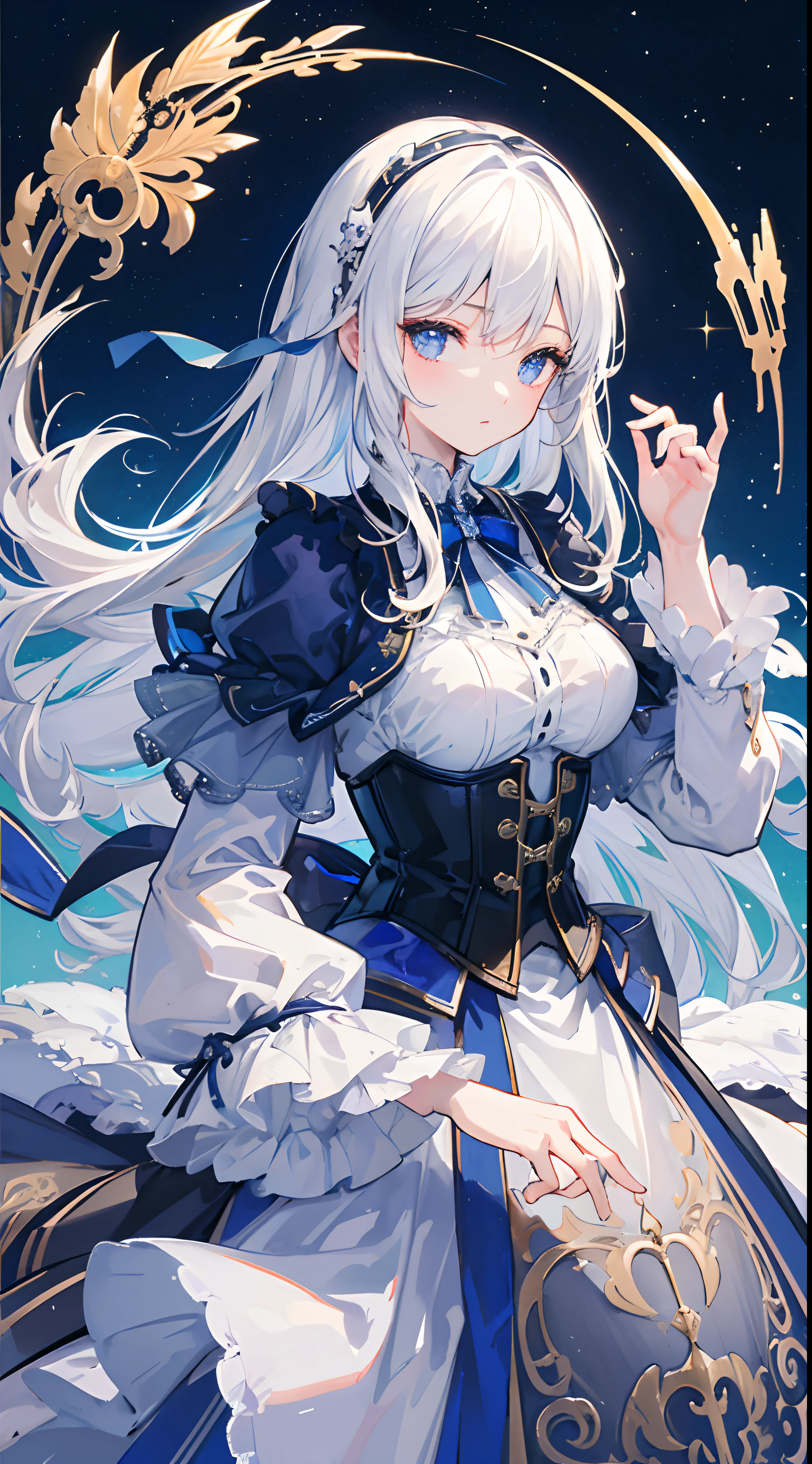 Long silver-white hair and waist，Scattered hair curtains，Two strands of hair curtain，Crystal blue eyes，high light，Loving pupils，Gorgeous turn，Like dancing，Dark blue sailor dress off-the-shoulder dress，The skirt fluttered as she turned，White bloomers show some，Light blue bow tie，Crystal hair accessories，under the starry night sky，Big white house，chiquita，Medium build