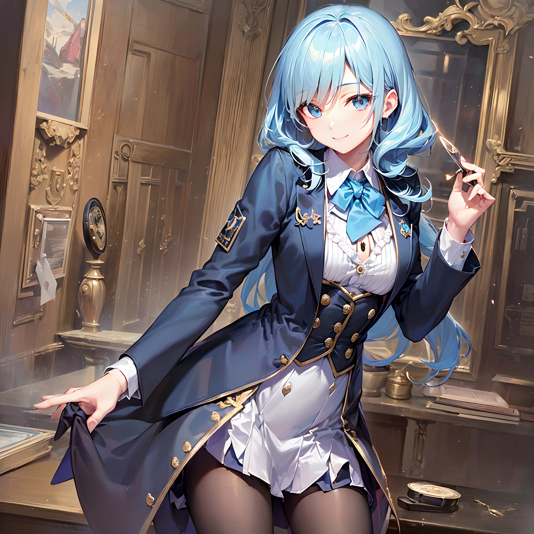 ((Finest quality)),(超A high resolution),(ultra-detailliert),(Meticulous portrayal),((Best Anime)),(Finest works of art),sharpnes,Clair, (Beautiful female magician in tailcoat:1.5),(Light blue shortcut:1.5),Invincible smile