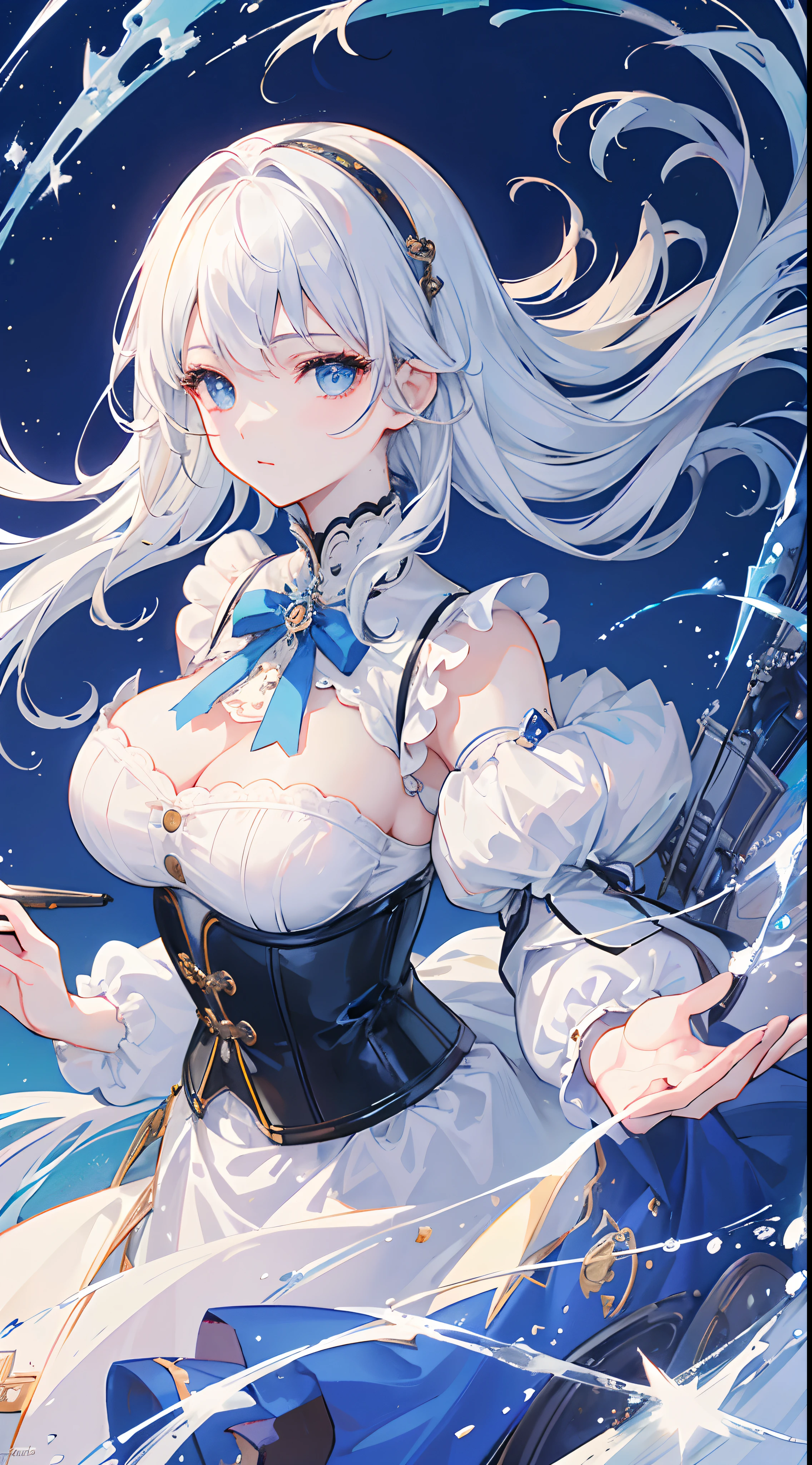 (((masterpiece)))、((top-quality))、(The ultra-detailliert)、(CG Illustration)、(a very beautiful woman))、Cinematic Light、((1 Mechanical Girl))、 (Beautiful and indulgent)(atelier)、Facing the front,white hair,Corset Belt,blue high waist skirt,Upper body portrait