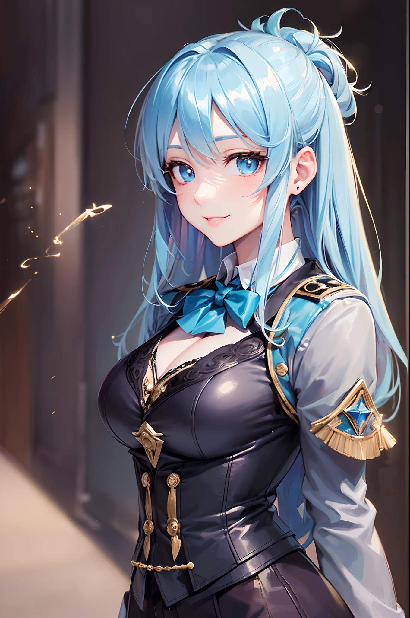((Finest quality)),(超A high resolution),(ultra-detailliert),(Meticulous portrayal),((Best Anime)),(Finest works of art),sharpnes,Clair, (Beautiful female magician in tailcoat:1.5),Light blue shortcut:1.5,Invincible smile