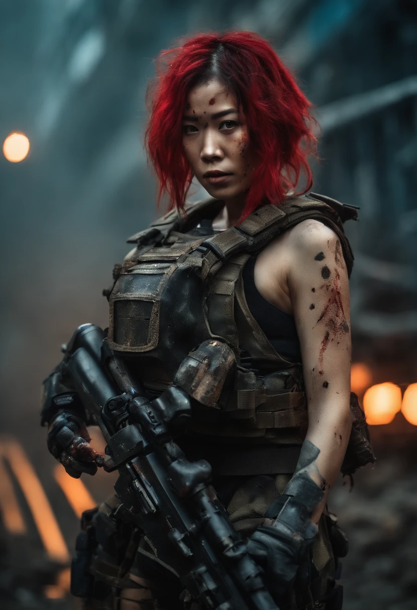 Post-apocalyptic battle scene with beautiful surreal photo of cute young Japan woman with rune tattoo, ((Dirty face blood splattered)), (((Wearing Full Heavy Mech Armor, Combat Harness, Neon Highlights))) short red dreadlocks, combat pose, (((Gripping the side of a combat sci-fi combat helicopter))), The appearance of the destroyed building, fires, Smoke, wreckage, Camouflage Net, Ammunition Box Abstract Beauty, near perfect, Pure form, intricate detailes, 8k post-production, High resolution, Super Detail, Trending on ArtStation, Sharp Focus, studio photo, intricate detailes, Very detailed, By Greg Rutkowski