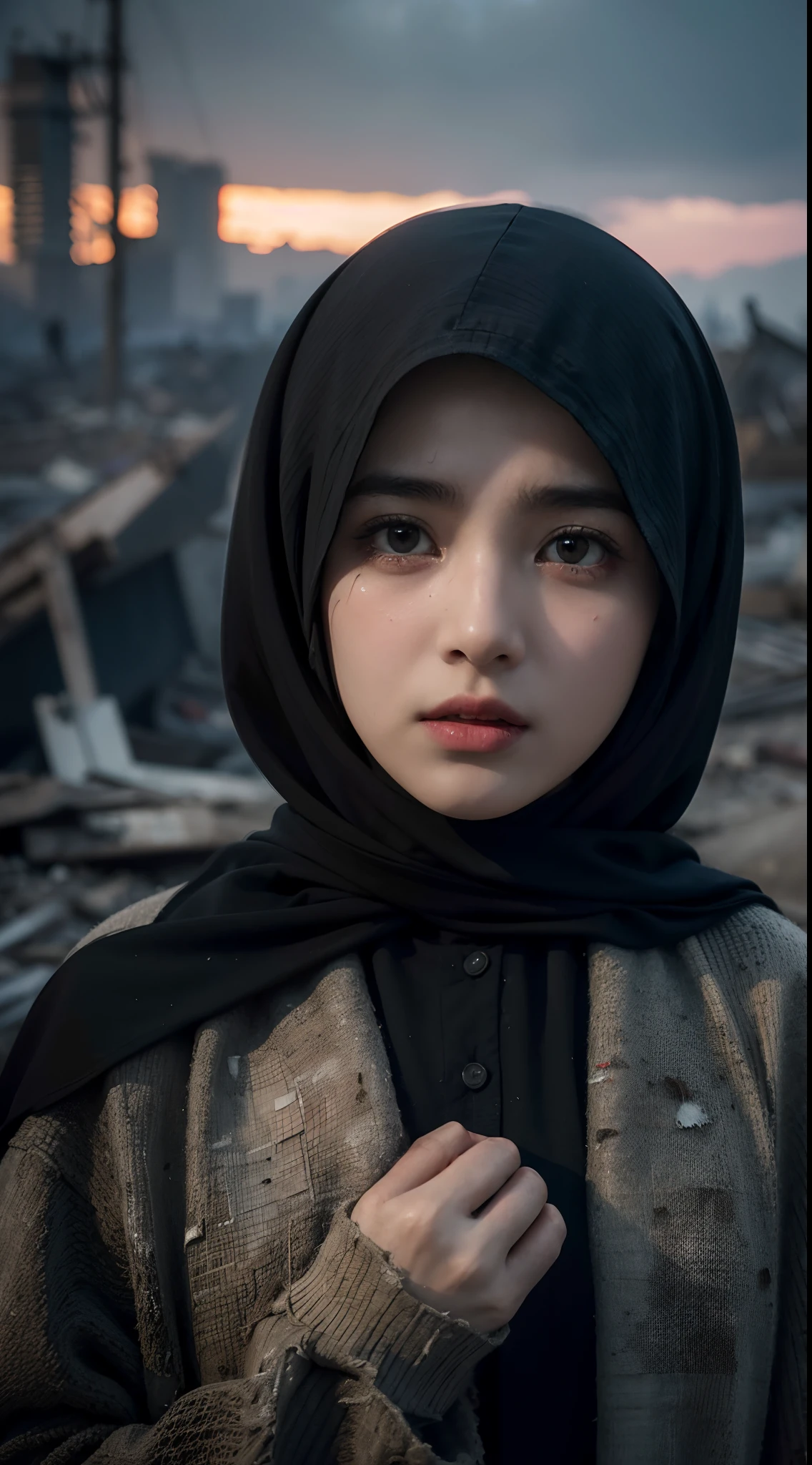 several war-torn Palestine ,Loved ones lost in the ashes of war in the Middle East,The clothes were tattered,Ruins of war,be desperate,Tragic,(Ultra-detailed description of facial pain and hopelessness:1.2),Real Human,Ultra photo realsisim,hyper realisitc,rendering by octane,Finer body structure,close-up all over the body,(Tears crying:1.5),(War correspondent perspective:1.1),hunger,Abaya, headscarf,(best quality,4k,highres,masterpiece:1.2),ultra-detailed,realistic:1.37,Palestinian children,tears,witnessing a gigantic nuclear explosion on the horizon,corpses flying,emotionally devastated,devastation,ruined cityscape,fire and smoke rising,dark and eerie atmosphere,mysterious shadows,mourning,collapsed buildings and debris,ragged clothing,fear in her eyes,loneliness and despair,post-apocalyptic scene,lit by the fading sunlight,desolate landscape,destroyed nature,dead trees,blackened earth,radioactive haze,ominous clouds,devastated sky,cold wind blowing,falling ashes,pale and lifeless colors,heart-wrenching expression,distorted reality,nightmarish,emotive power,dramatic tension and contrast,detail-rich textures,expressionism,psychological impact,disturbing imagery,face smudged with soot and grime