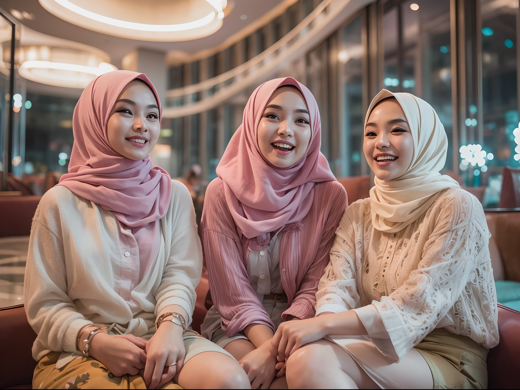 4 malay girl wearing pastel color hijab with Ruffle Tulip Hem Belted Dress  seating in hotel lobby chatting and laughing, happy, nighttime, beautiful girl, professional lighting, professional photography, front view, group photography,