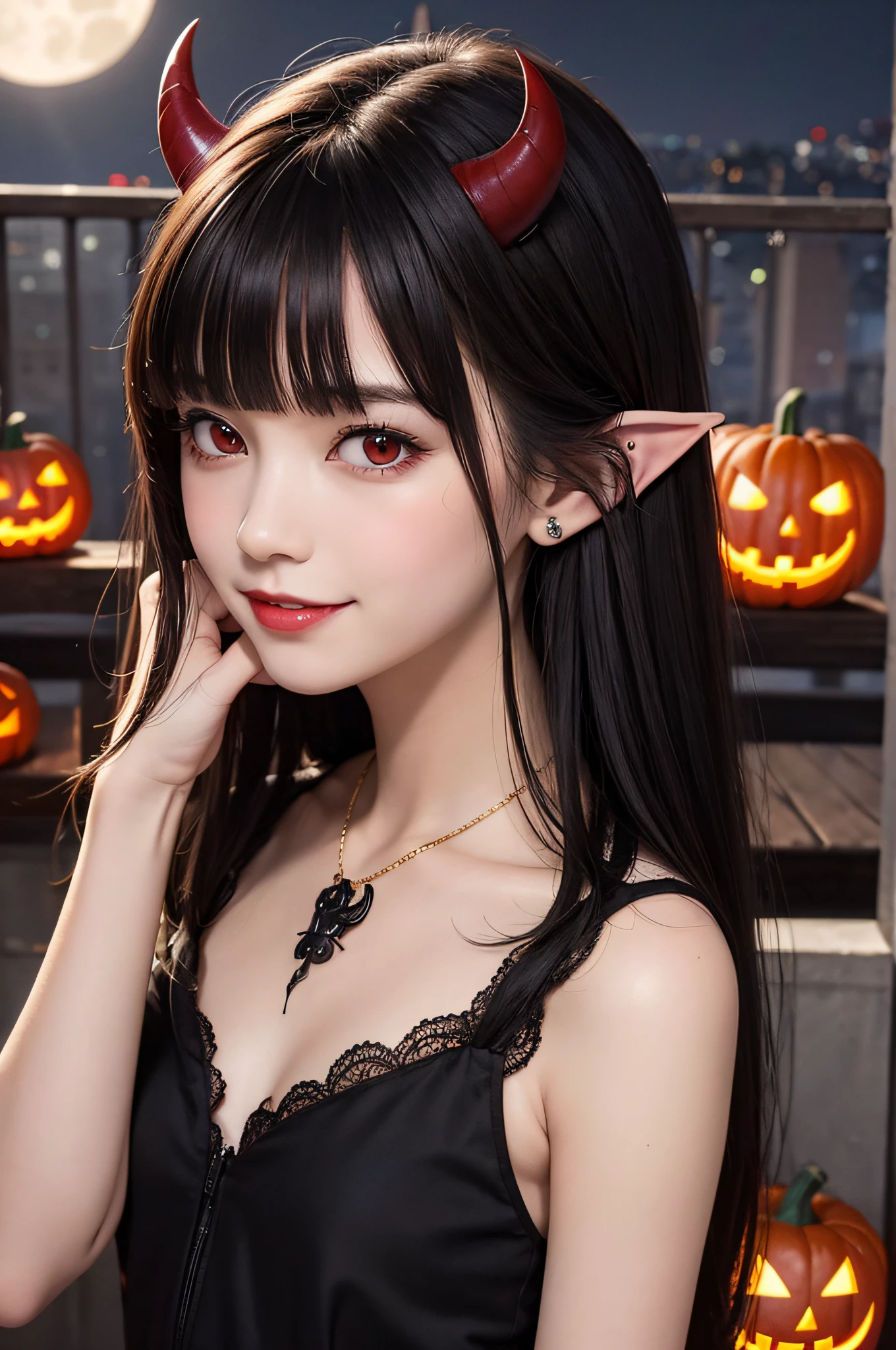 ​masterpiece、top-quality、ultra-detailliert、Halloween, pumpkins, Long Black Hair, Red Eyes, Smile, Blunt bangs, Ahoge, Night, Pointed ears, Little Devil Horned Head, Moon, Vampire