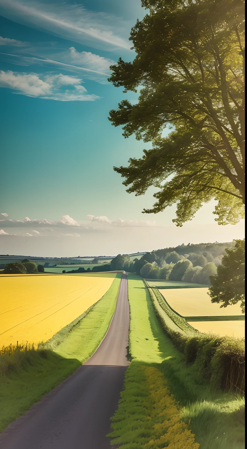 arafed view of a road in a field with a tree, roads among fields, yellow and green, landscape - scenery, stunning nature in background, very very very beautiful scenery, green and yellow colors, amazing color photograph, green and yellow, landscape scenery, peaceful landscape, landscape wallpaper, country road, very very beautiful scenery, amazing landscape in background