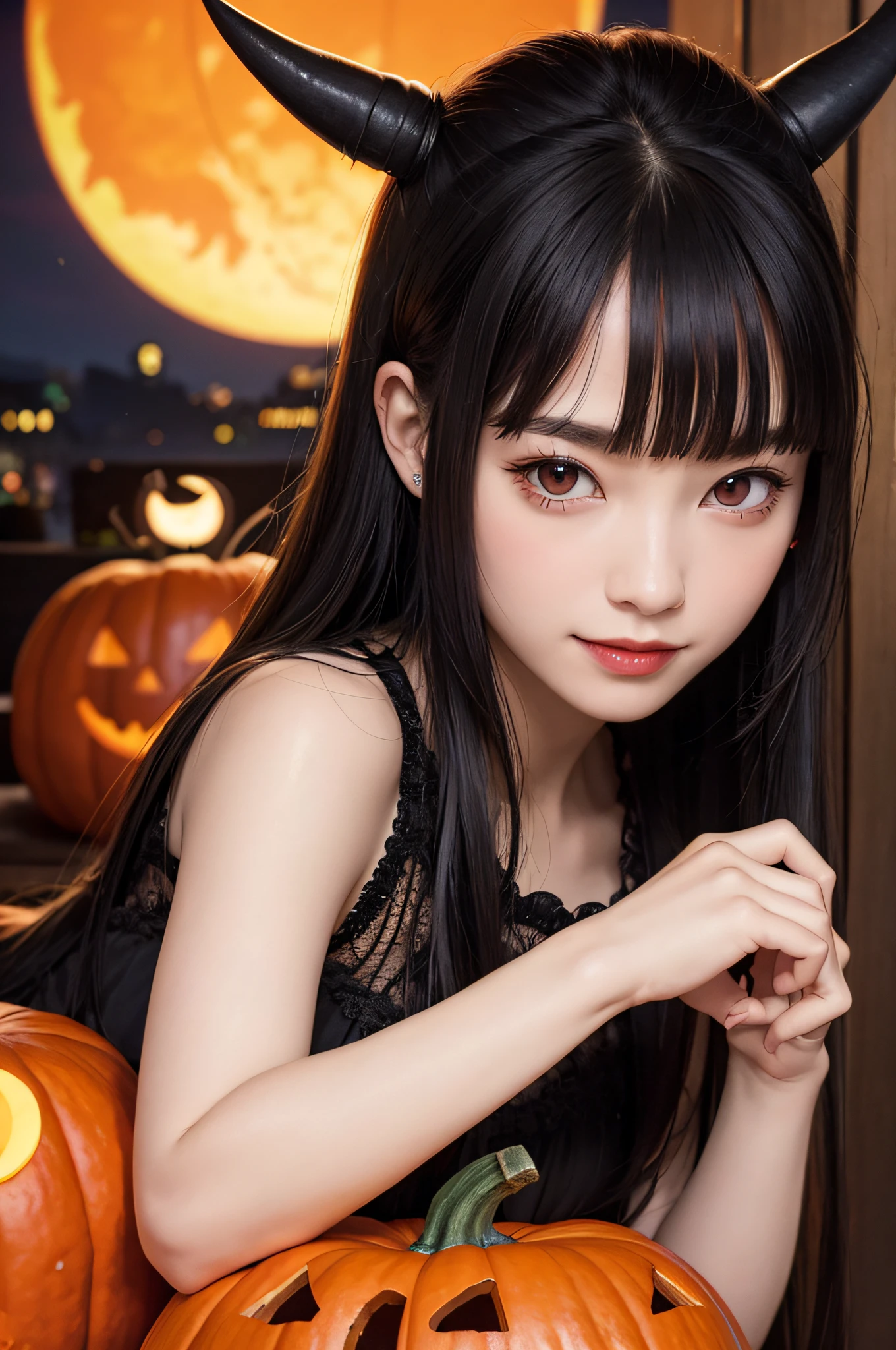 masterpiece、top-quality、ultra-detailliert、Halloween, pumpkins, Long Black Hair, Red Eyes, Smile, Blunt bangs, Ahoge, Night, Pointed ears, Little Devil Horned Head, Moon, Vampire