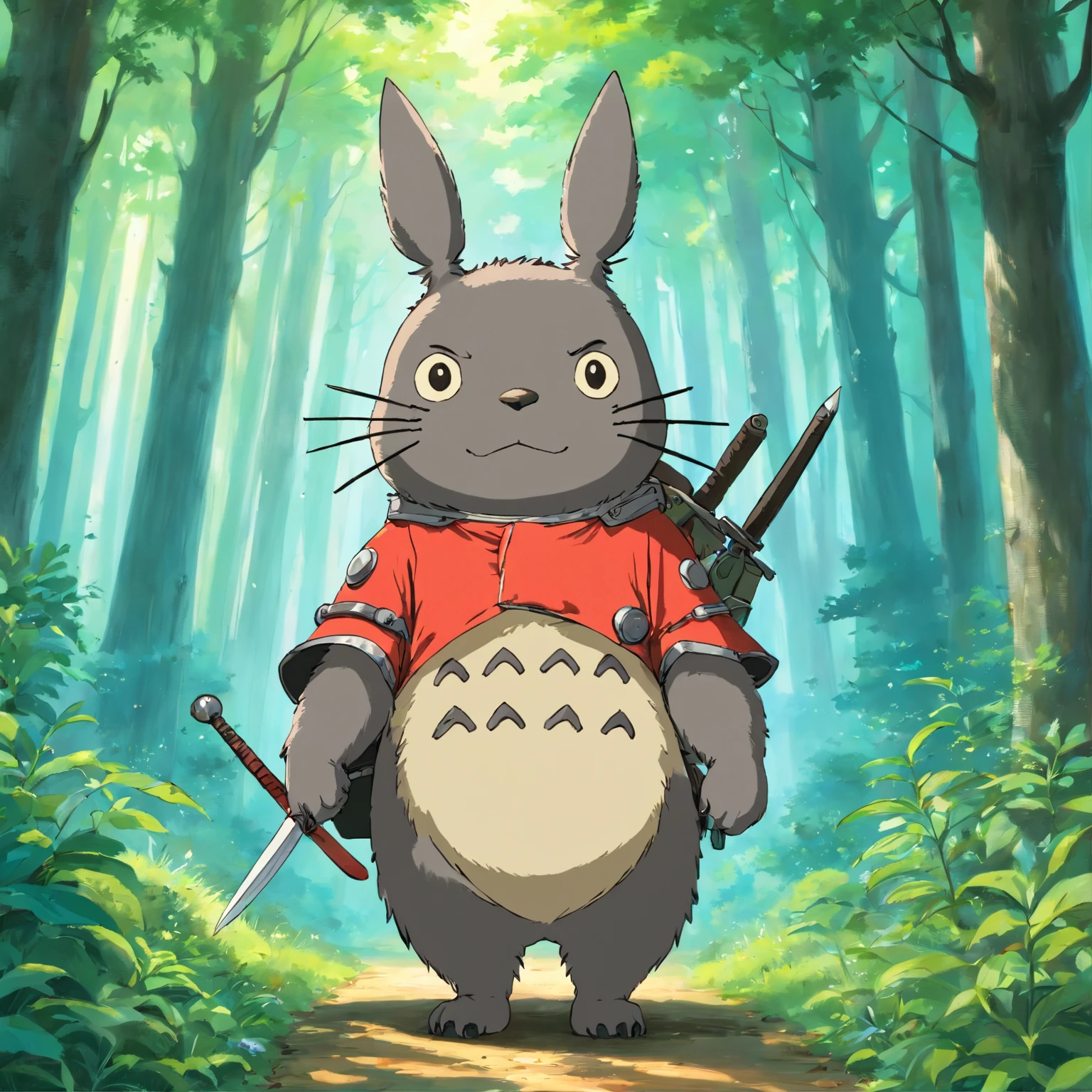 Totoro, Wearing armor , Knife in hand, ln the forest，No Man