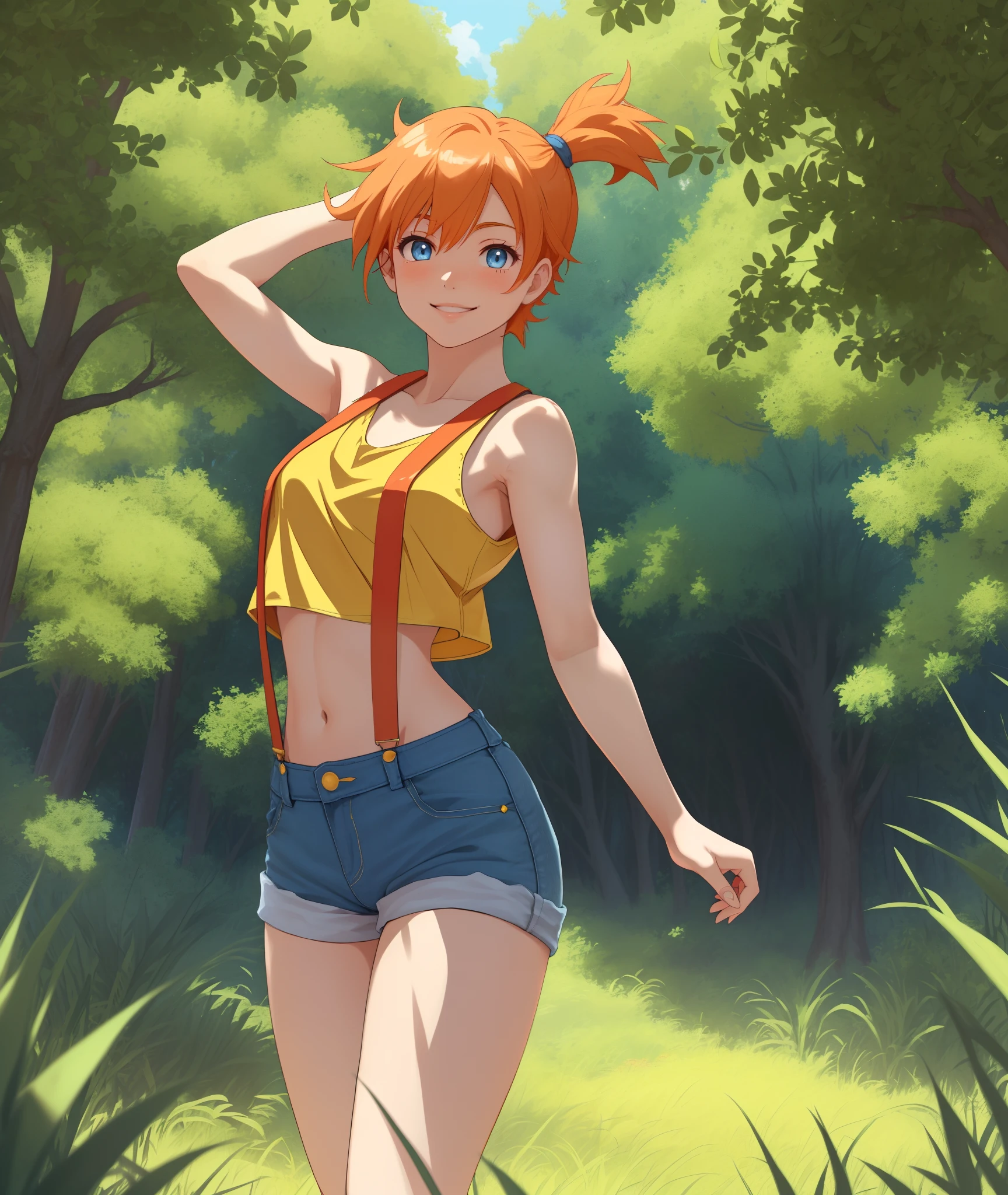 [Misty_(Pokemon)], [Uploaded to rule34.xxx; (kingmaster), (shosho_oekaki), (nekololisama)], ((masterpiece)), ((HD)), ((detailed shading)), ((1girl)), ((solo portrait)), ((cowboy shot)), ((front view)), ((cute anime girl)), {(athletic figure), (short orange hair), (side polytail), (cute blue eyes), (gorgeous hips), (beautiful lips), (beautiful legs), (defined legs), (cute smile)}, {(yellow tank top), (midriff), (blue denim short shorts), (red suspenders)}, {(standing), (arms above head), (looking ahead)}, [background; (grass plains), (lake), (trees), (blue sky), (sun rays)]