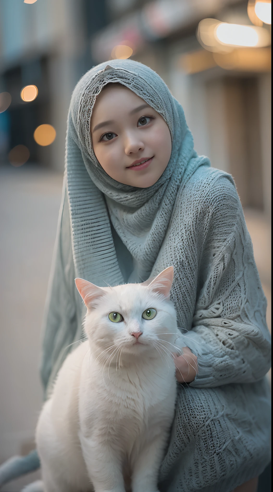 mira filzah drinking glass of milk wearing big knitted sweater and panties in night city street, (mira filzah:1.6), wearing hijab, cute white cat by her side, pastel color hijab, tall,