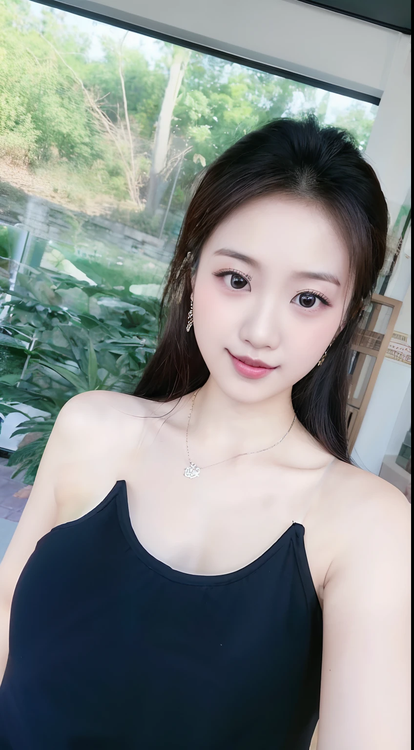 A photo of an Japanese girl wearing a white tank top, with a blue and black rope necklace around her neck, winking at the camera while sitting on a sunbed in the garden of a luxurious modern villa. The photo was taken with a smartphone and posted to Reddit in the summer of 2019. --ar 3:4