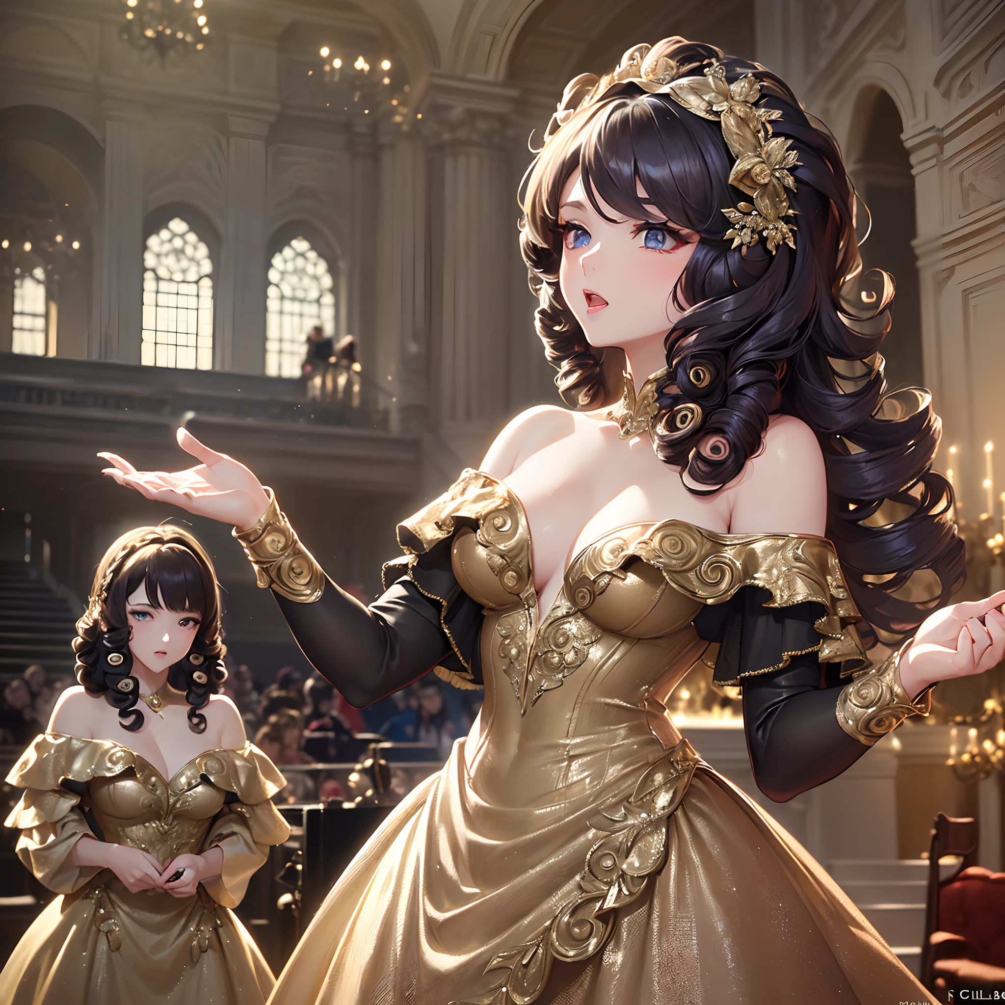 ((Finest quality)),(超A high resolution),(ultra-detailliert),(Meticulous portrayal),((Best Anime)),(Finest works of art),sharpnes,Clair, (Female opera singer in an elaborately designed off-the-shoulder dress:1.5),Intricately designed jewelry:1.3,(Curled Hair:1.5),Proportioned proportions:1.4, Opera House,Singing on stage