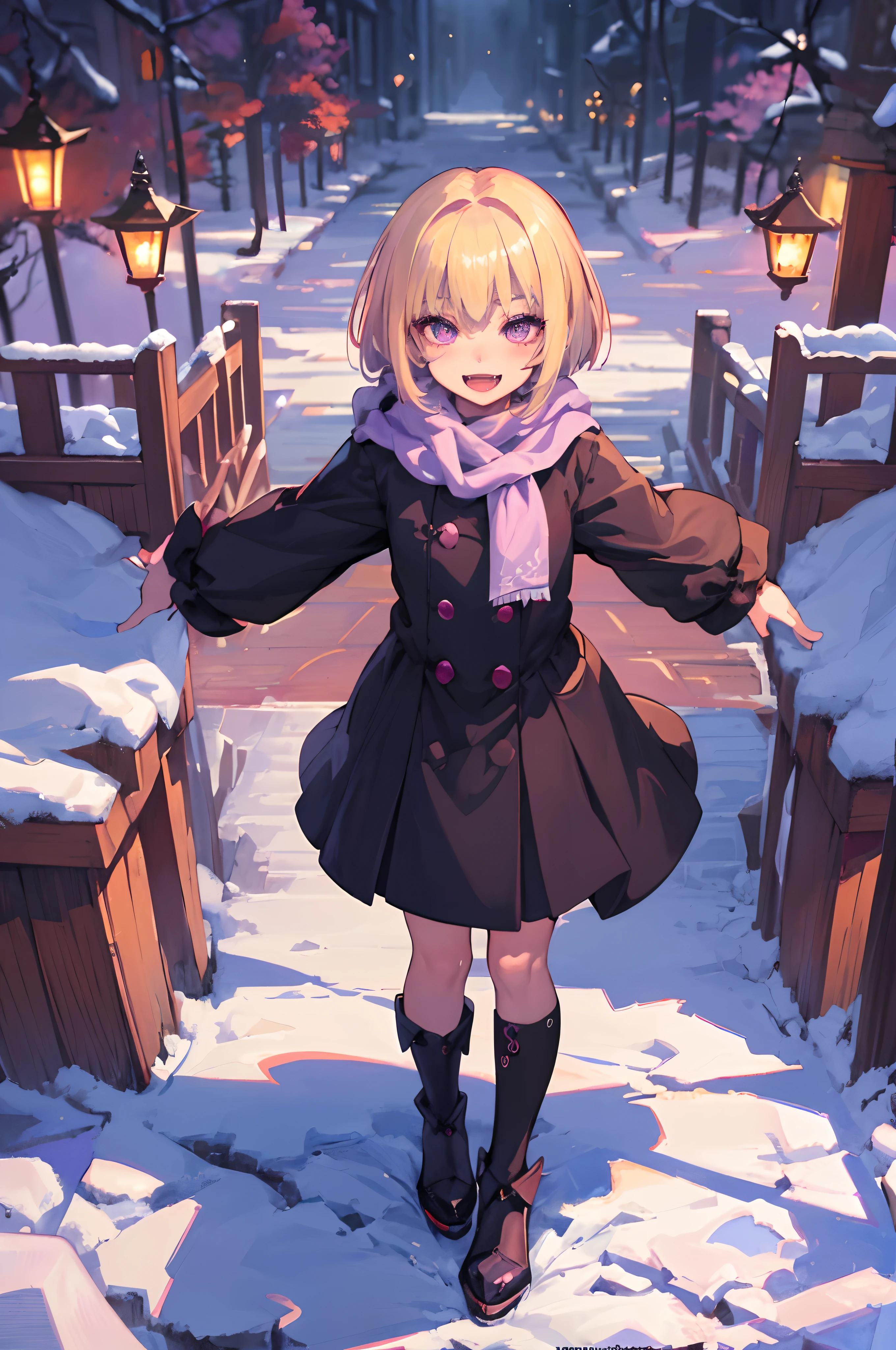 Original Character, Volumetric Lighting, Best Shadows, Shallow Depth of Field, Portrait Of Stunningly Beautiful Girl, Petite, Delicate Beautiful Attractive Face With Alluring purple Eyes, Smiling, Open Mouth, Fangs Out, Blond short bob, Blush Eyeshadow, Thick Eyelashes, (Highest Quality, Amazing Details:1.25), (Solo:1.3), Brilliant Colorful Paintings