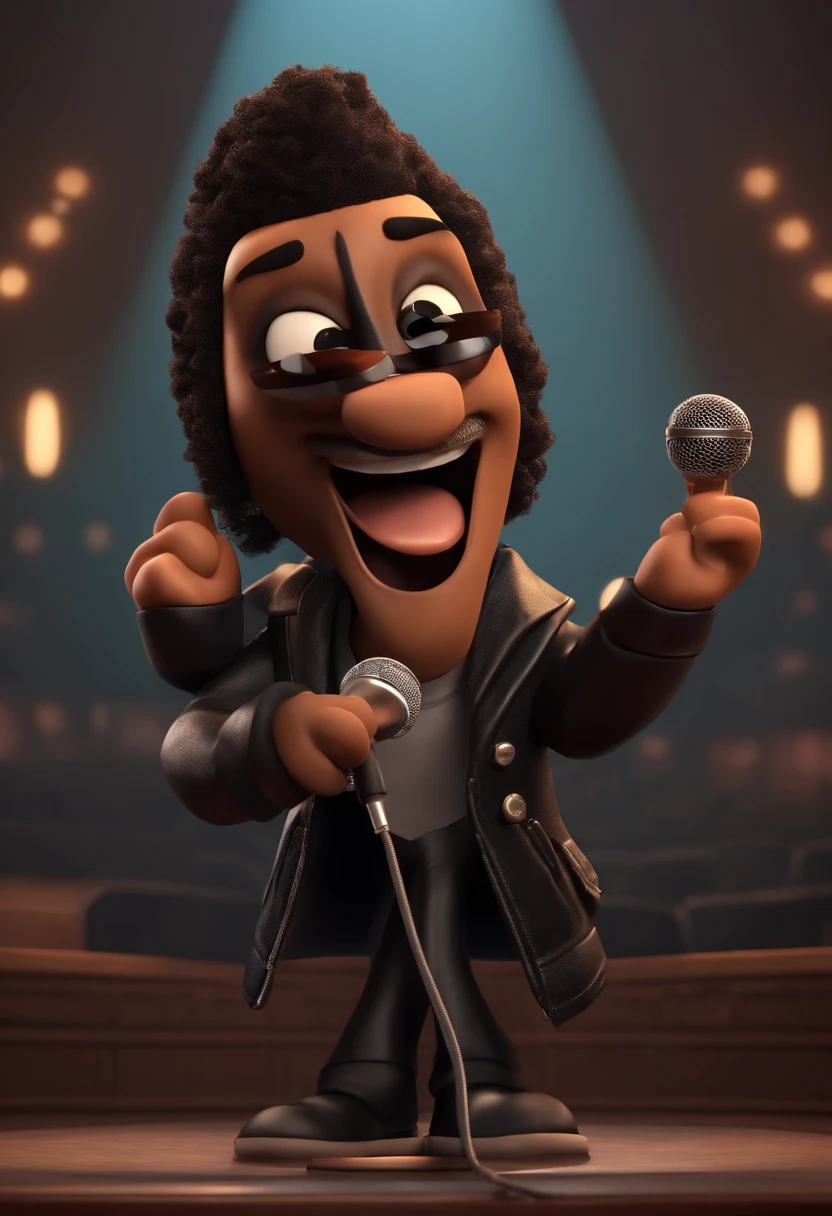 3d render cartoon,pixar style, The character is a male rock vocalist, with a microphone in his hand and singing, he is 30 years old, has dark skin, light brown hair, a thin, low-cut beard, brown eyes and wears a black jacket. rock style leather, on the stage of a rock singing show, titled XANDI. Write this title at the bottom of the image.
