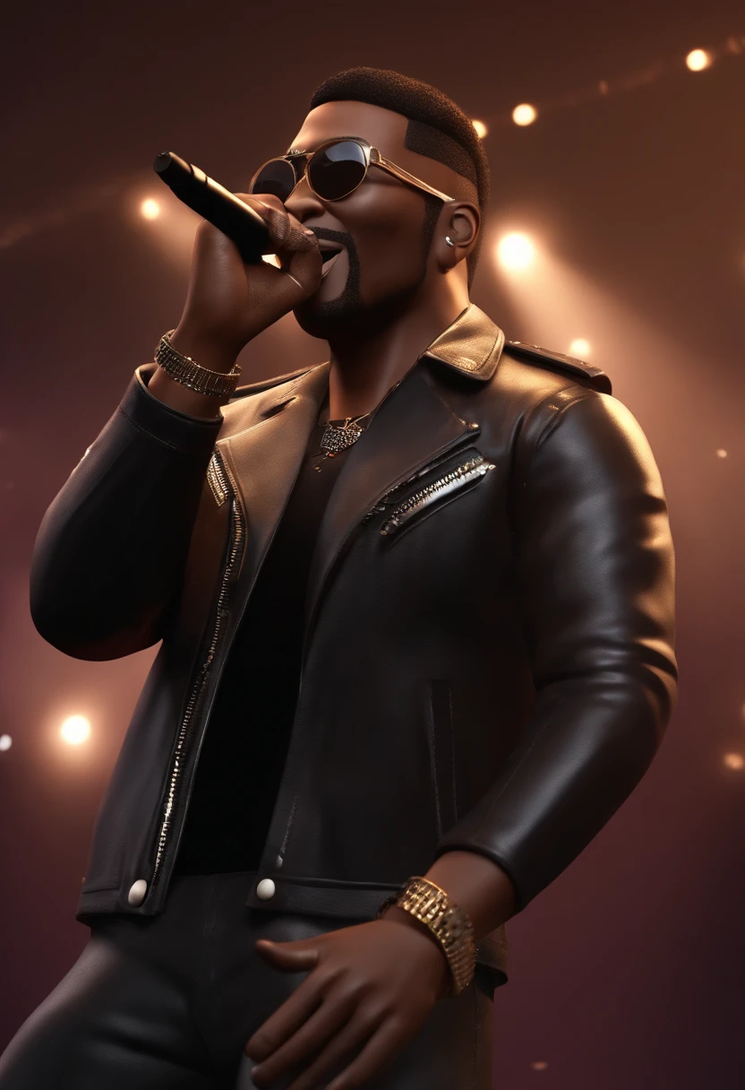 3d render cartoon,pixar style, The character is a male rock vocalist, with a microphone in his hand and singing, he is 30 years old, has dark skin, light brown hair, a thin, low-cut beard, brown eyes and wears a black jacket. rock style leather, on the stage of a rock singing show, titled XANDI. Write this title at the bottom of the image.