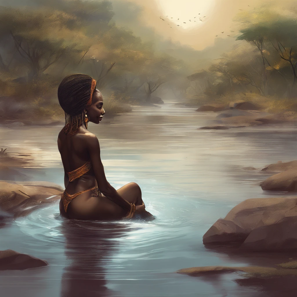 african woman bathing in the stream