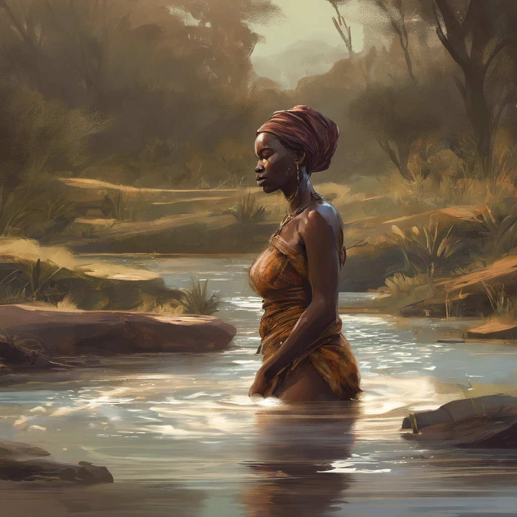 african woman bathing in the stream