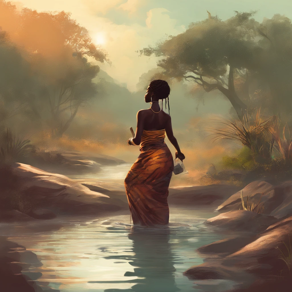 african woman bathing in the stream