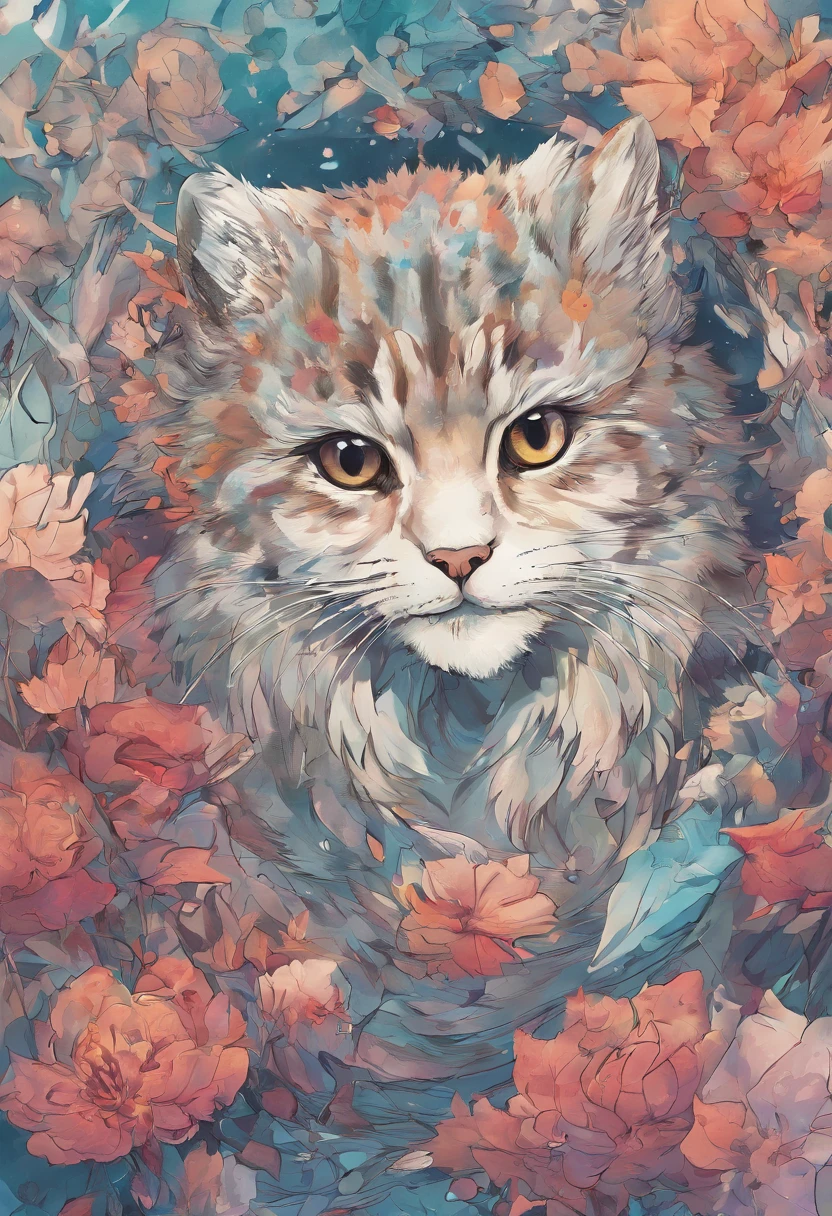 a close up of a pallas cat on a white sheet with watercolor paint, by Ryan Yee, painted in bright water colors, by Ni Zan, by Adrienn Henczné Deák, by Muggur, by Aya Goda, by Adam Szentpétery, cat design, watercolored, anime manga robot!! cat tattoo