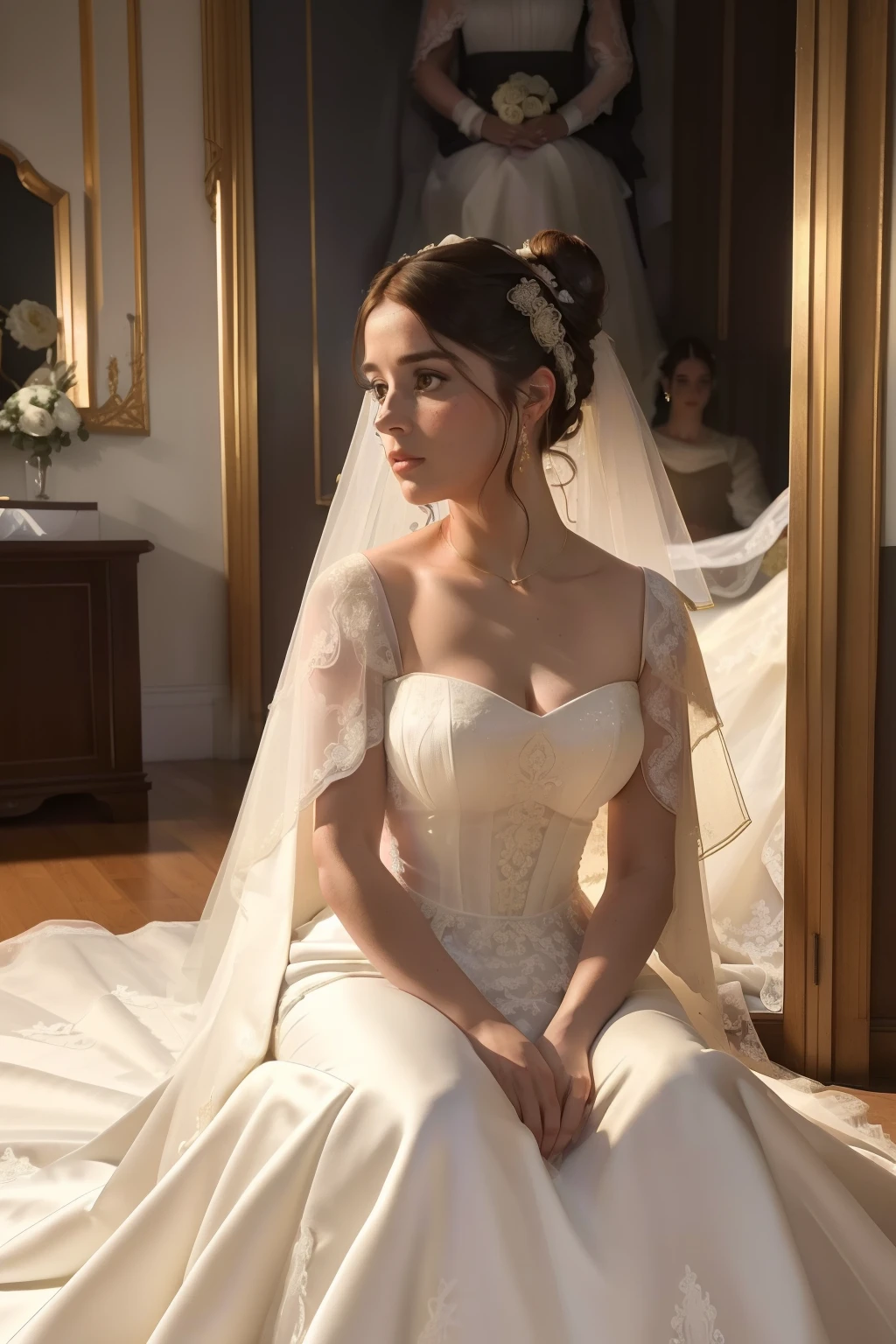 year: 2023. Location: Madrid. Pre-Raphaelite scene with a 32-year-old Macarena Garcia, sitting, luxurious room, ((((panic attack)))), stressed, nervous, ((((wedding dress from the 2020s)))) ((Hairstyle of the 2020s, low bun)), ((("OMITB" cinematography)))