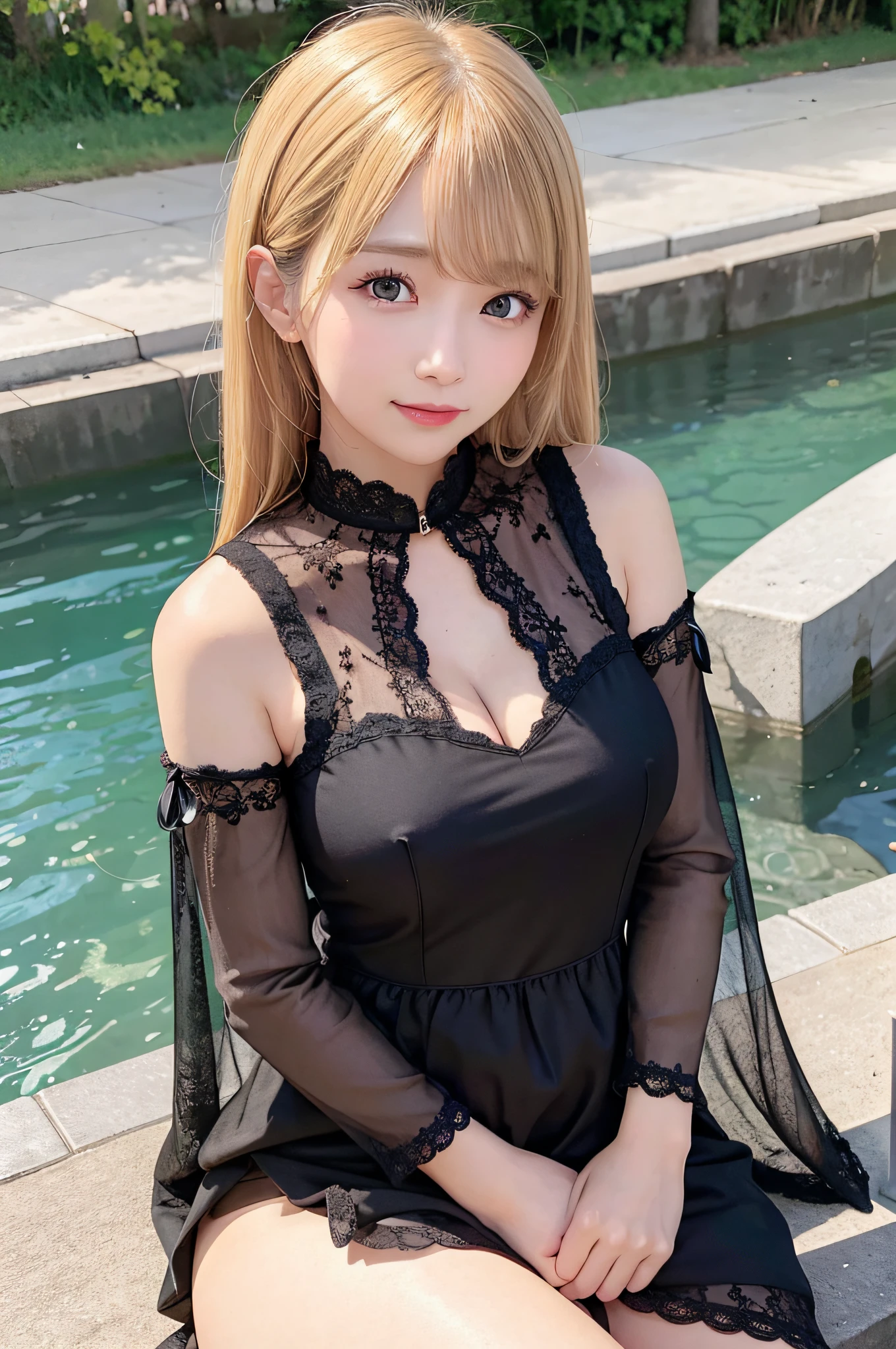 best quality, ultra high resolution, (photorealistic: 1.4), (detailed beautiful girl: 1.4), (medium breasts: 0.8), olhando_no_visualizador, detailed facial details, beautiful and detailed eyes, (blonde hair | brown), brown eyes, smile (makeup: 0.4), red lips, (full body, sitting, beach), very detailed clothes, (ulzzang-6500-v1. 1:0.3) \ , yellow ducks, strong wind,