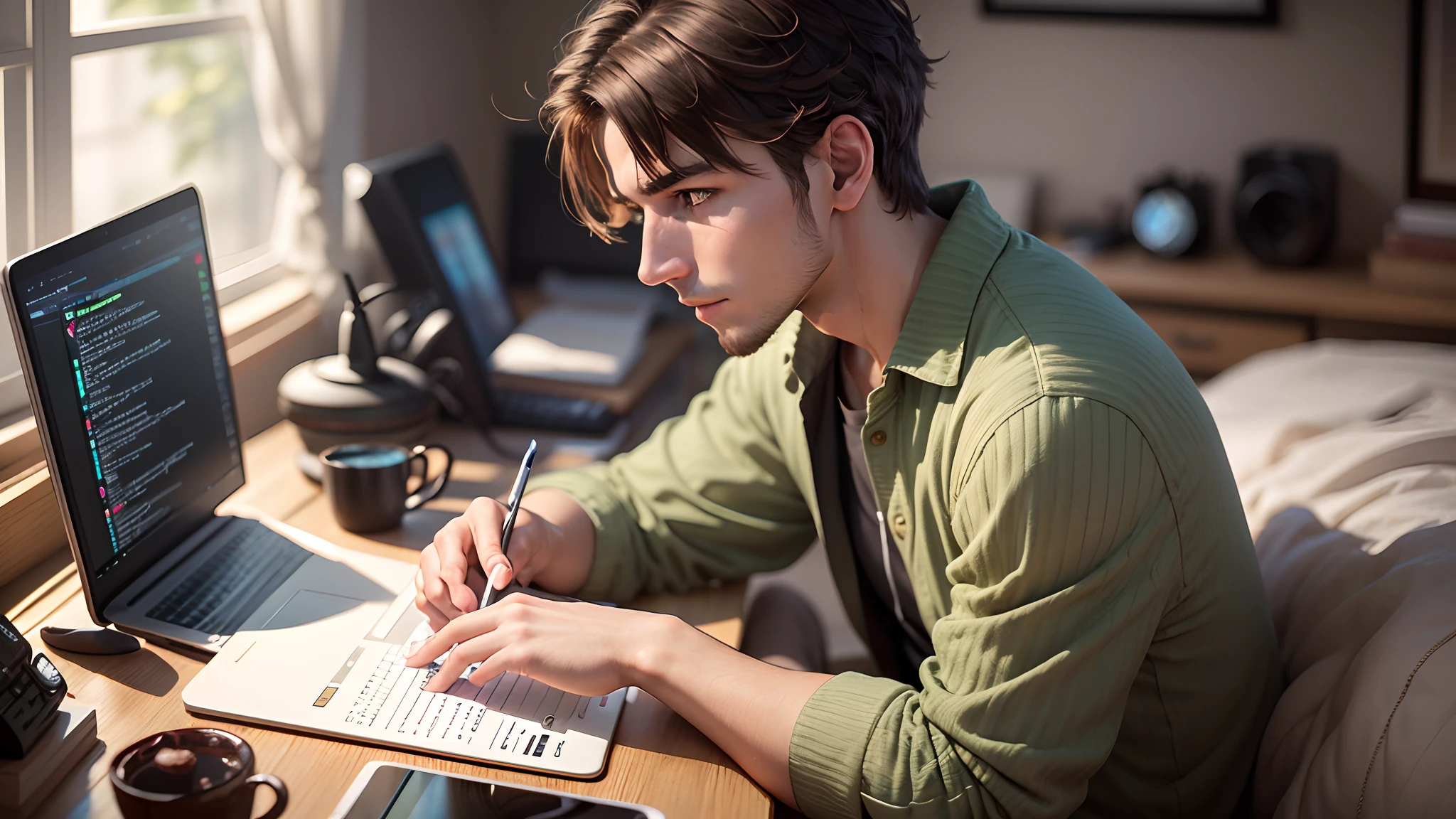 Capture the essence of a modern digital nomad: Frame a photograph of an aesthetically pleasing man with striking green eyes and light brown middle-parted hair engrossed in coding on his ASUS laptop computer, surrounded by the soft, warm glow of his room's ambient lighting. Highlight the balance between his intense focus and the harmonious aesthetics of his surroundings, showcasing the interplay of technology and personal space in the digital age. --auto --s2