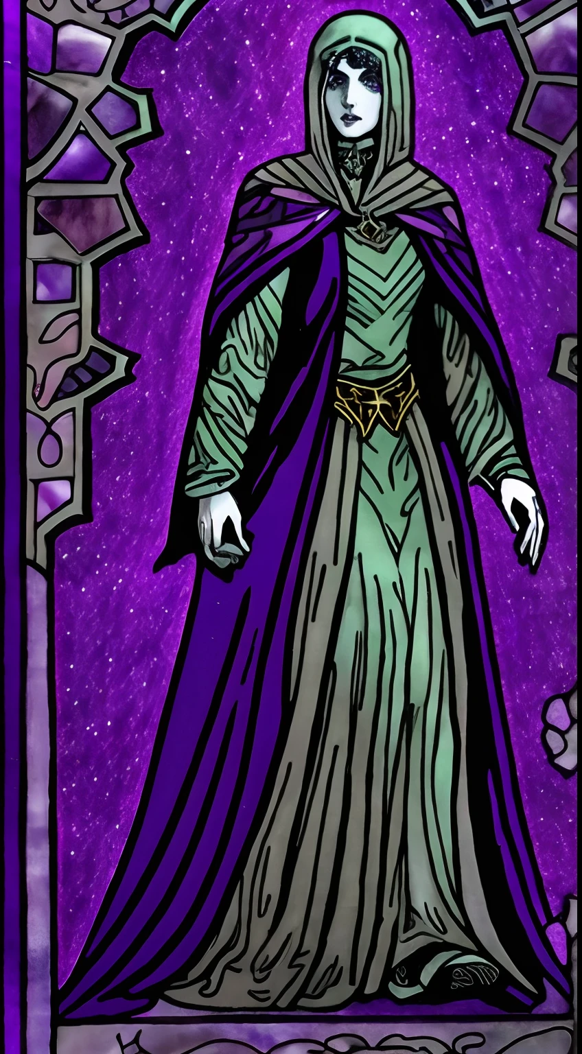 a purple and black picture of a woman in a purple cloak, stained glass tarot style, inspired by Harry Clarke, the high priestess, high priestess tarot card, wearing star filled mage robes, the sorceress, the witch queen, /!\ the sorceress, amethyst stained glass, elfic priestess, full body purple cloak