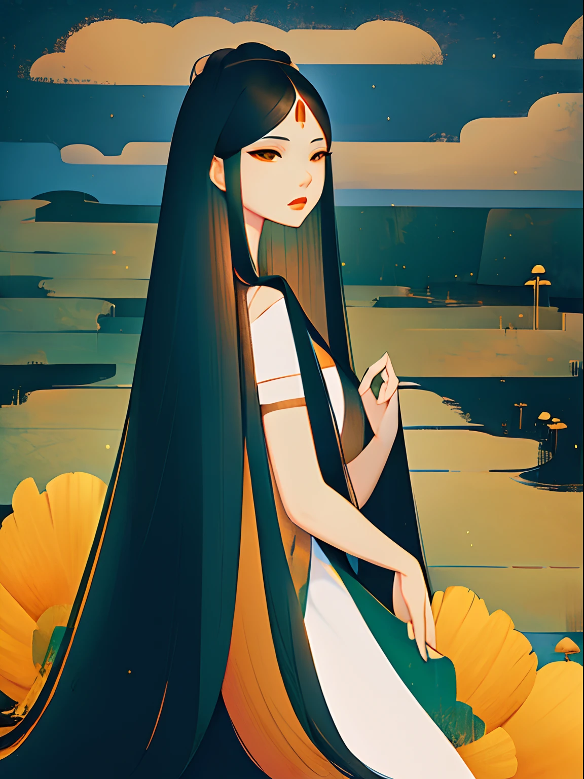 Behind the dark clouds in the sky，Osmanthus headband goddess，Long black hair，National costumes，Look at the flooded brown village，and yellow rice paddies，Dark green mountains，Deep blue flood。