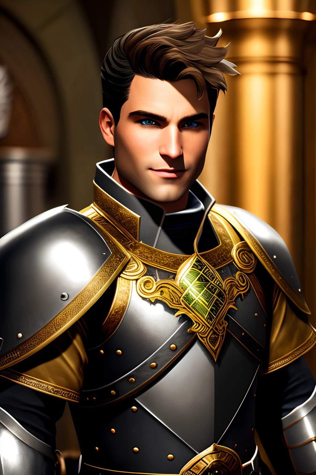 Clean shaven man with green eyes and brown hair wearing silver armor with golden trim