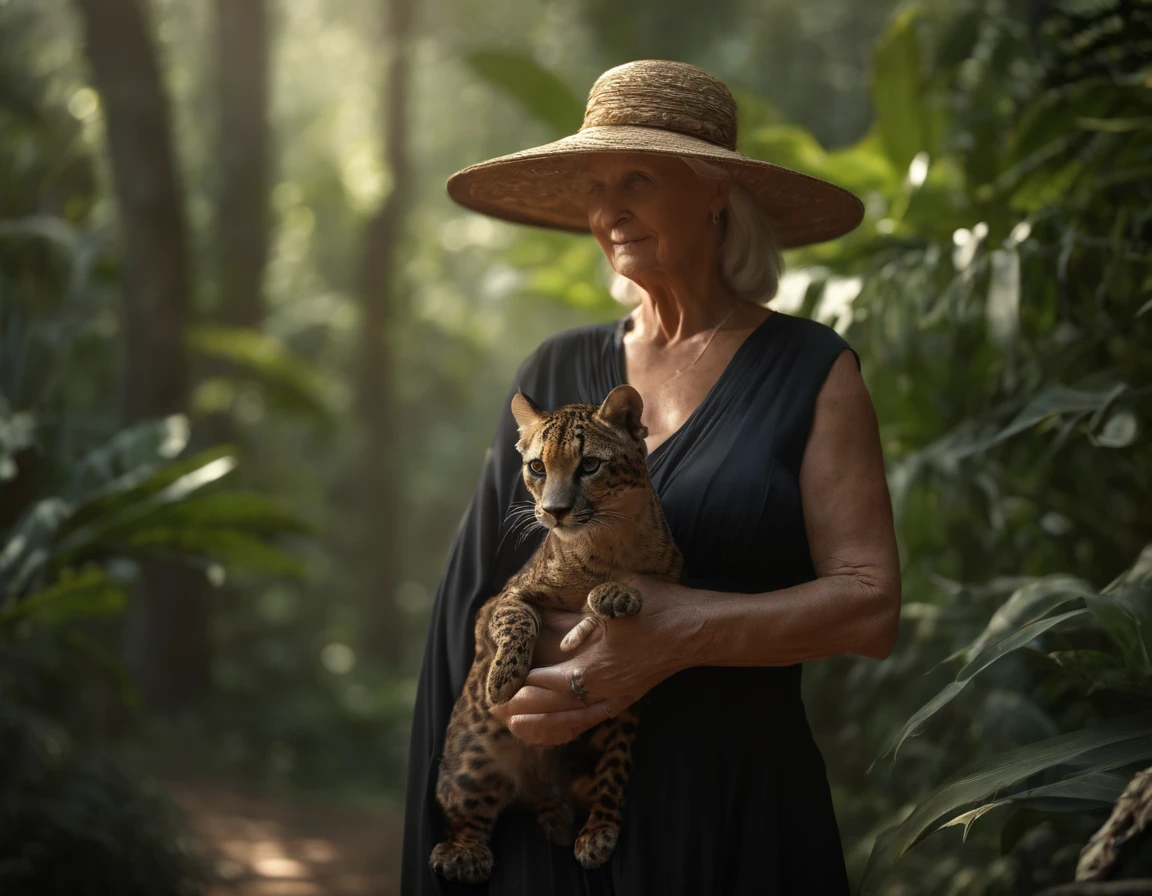 70-year-old woman witch holding a big panther ,in a jungle environment,Depth of field,High Light,real light,ray traced,OC Renderer,UE5 Renderer,Hyper-realistic,beste-Qualit,8K,works of masters,Super-slim;,Detailed pubic hair,Correct anatomy