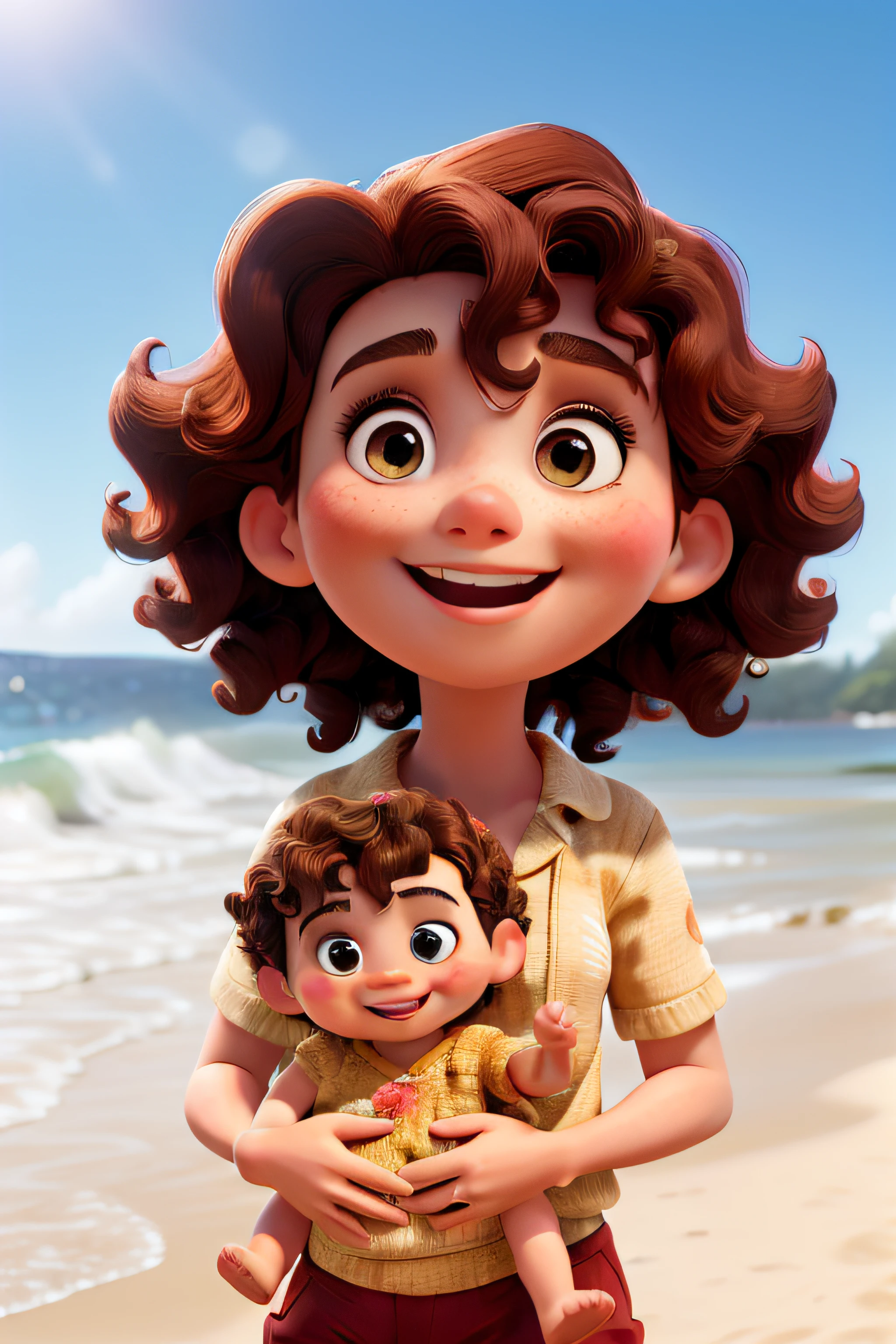 a photograph of a young beautiful woman with short dark red hair, in beach clothing, cradling a 2--old rable boy child wurly brown hair, both in beach outfits, at a Disney-themed beach.
Art Form: Photography (50mm lens)
Inspiration: Annie Leibovitz
Description: Beach backdrop with soft waves, they laugh in Disney-style outfits, the woman's eyes sparkle, child's wonder evident.
Color Temperature: Bright and sunny
Facial Expressions: Happiness
Lighting: Natural daylight
Atmosphere: Playful --v 5 --stylize 1000