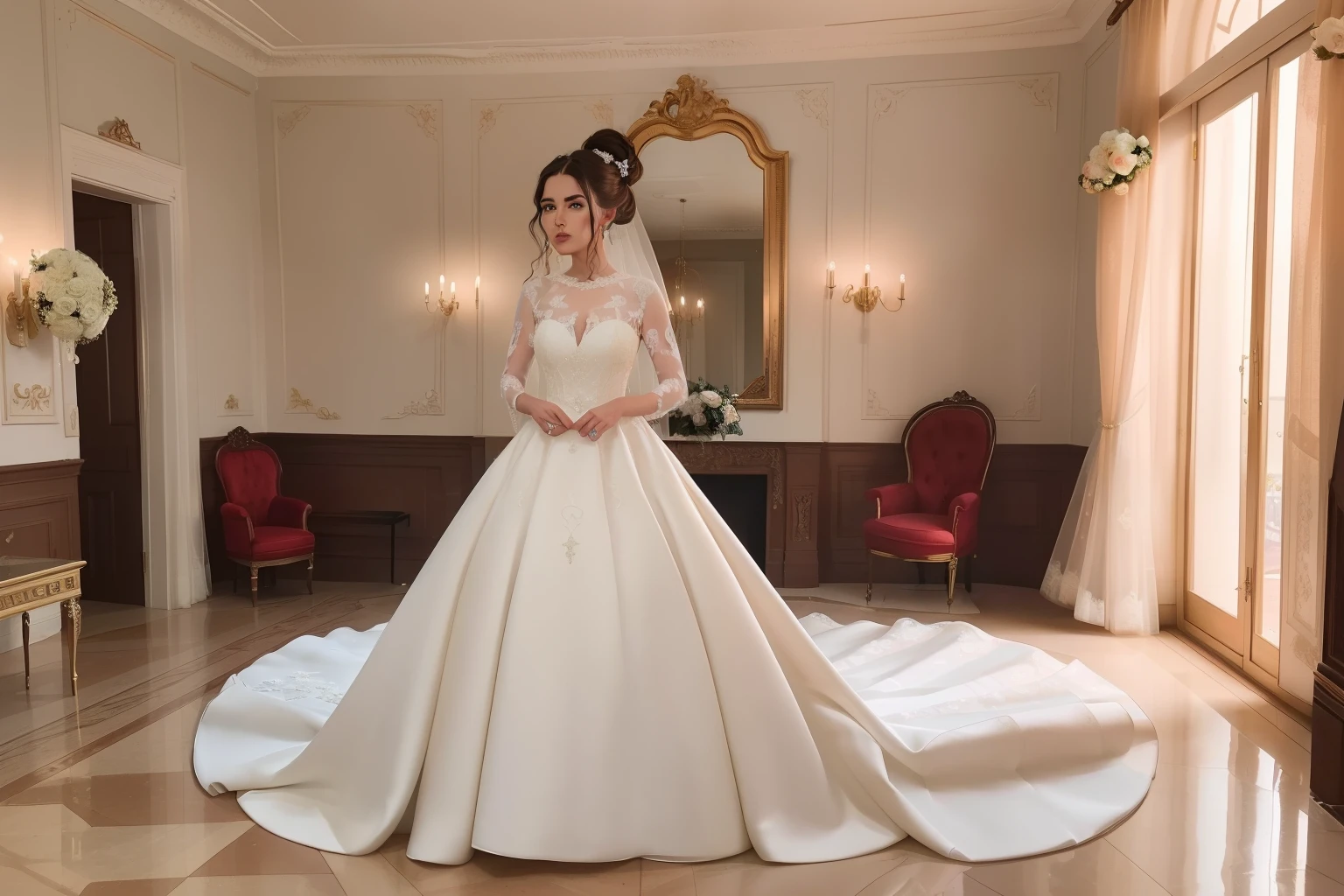 year: 2023. Location: Madrid. Pre-Raphaelite scene with a 32-year-old Macarena Garcia, luxurious room, ((((panic attack)))), ((((wedding dress from the 2020s)))) ((Hairstyle of the 2020s, low bun)), ((("OMITB" cinematography)))