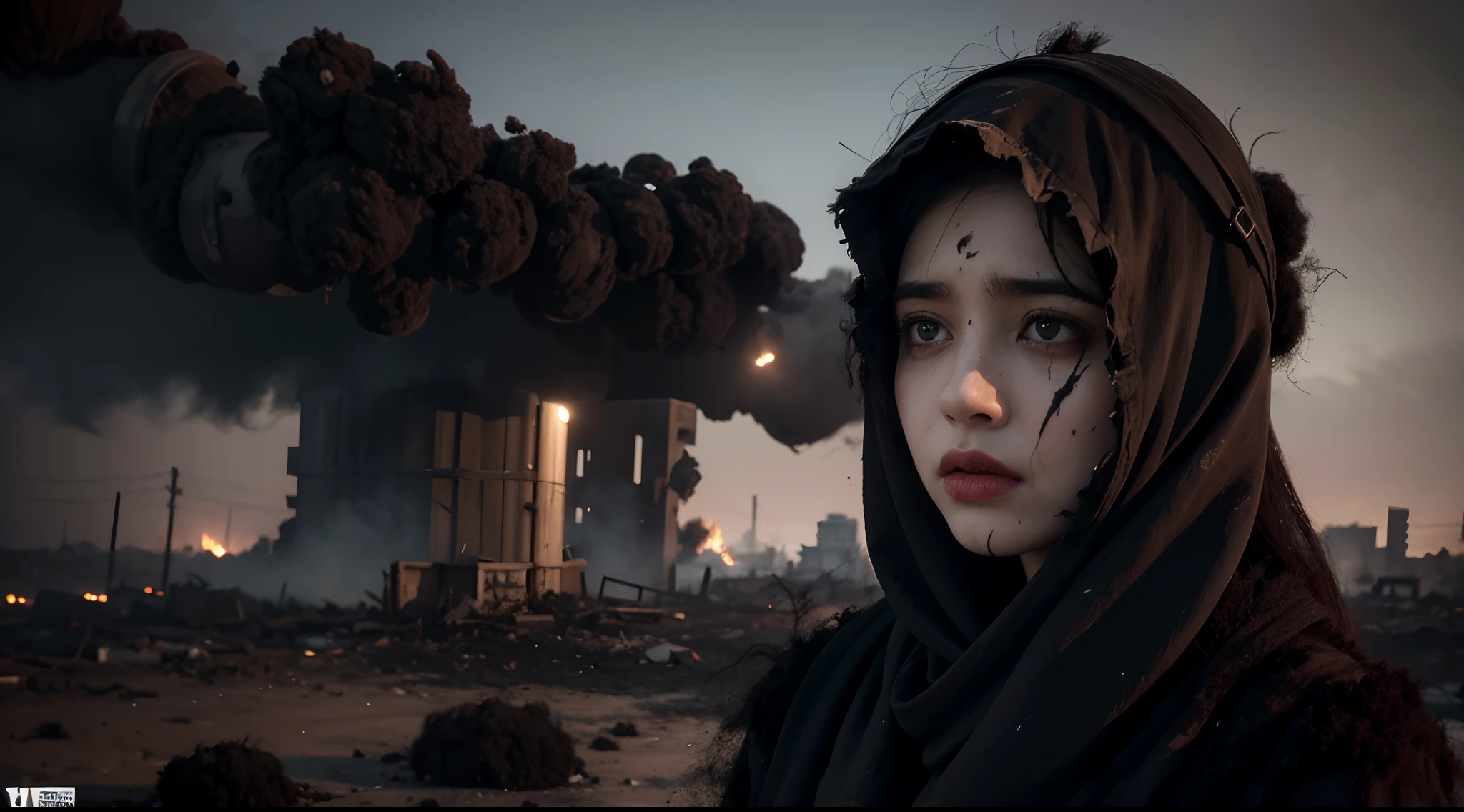 (Masterpiece, best quality, best detail, photorealistic, award winning photography :1.5), Palestina girl with long straight hair sitting on the ground, (((women at war in Palestine))), sad face, sadness, tears, destroyed village, collapsed wooden hut, burn marks, bloody blood, war crime destruction, (((Palestine 🇵🇸))). background shows the destruction, buildings collapsed, rubble, fire and smoke, provide intricate details in the image. Dramatic lighting, dramatic image, Greg Rutkowski, (((Palestine flag 🇵🇸)))