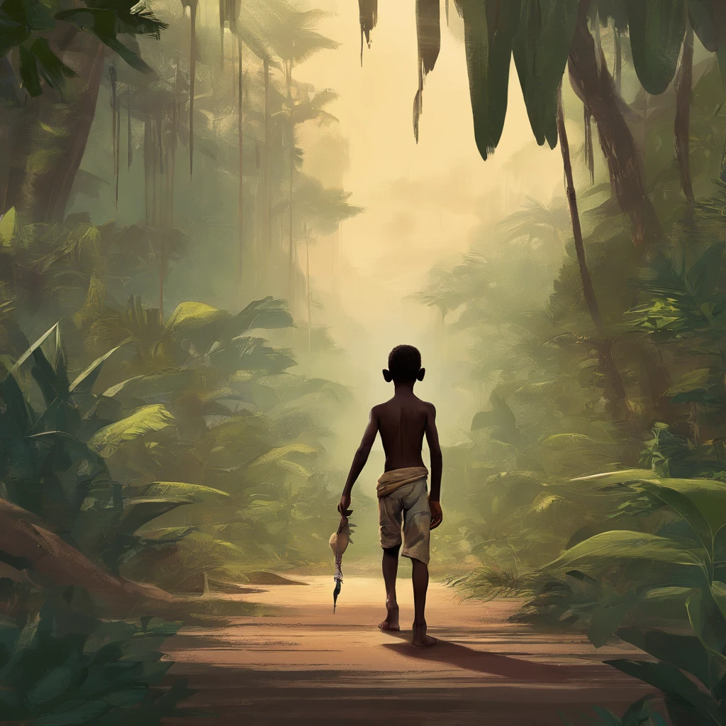 african boy walking in the jungle without clothes