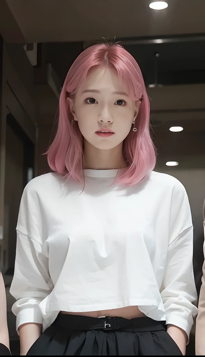 a close up of two women with pink hair and white shirts, with pink hair, pink straight hair, two color hair, cute girl with short pink hair, ulzzang, jossi of blackpink, jinyoung shin, roseanne park of blackpink, jaeyeon nam, korean girl, light pink hair, flowing pink hair, pastel pink skin tone, with short hair