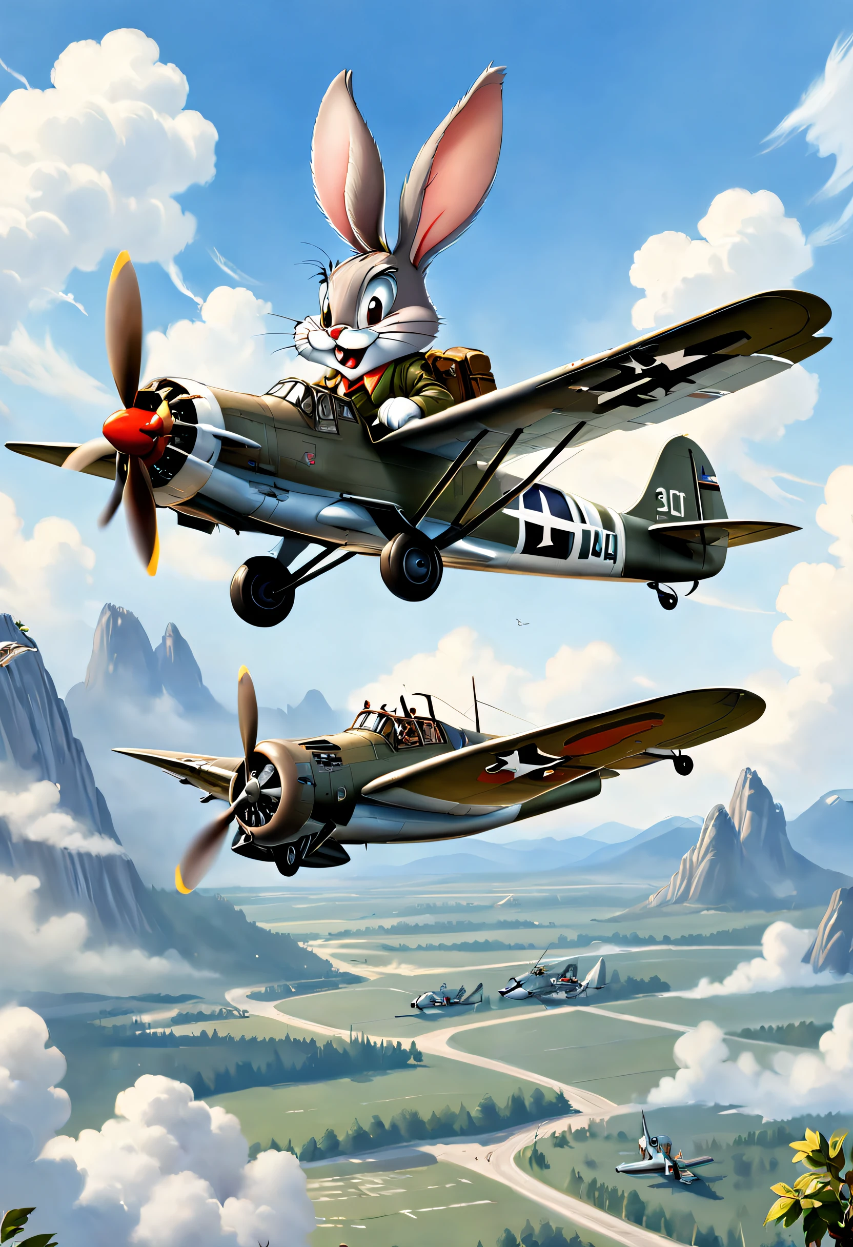 Bugs Bunny flies a World War II plane