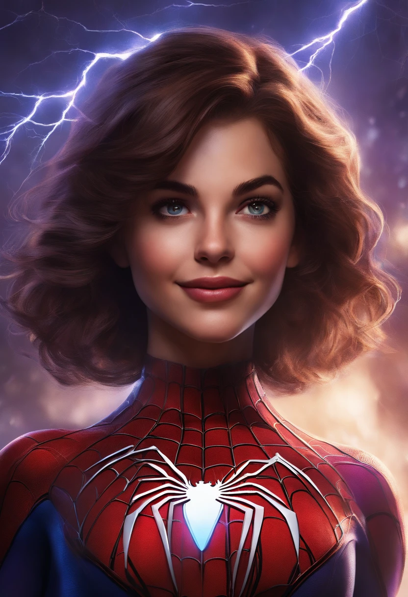 young girl, Short brown hair, Purple eyes, Spider-Man 2099 shape, Smile, cobweb, Lightning, Masterpiece, High quality
