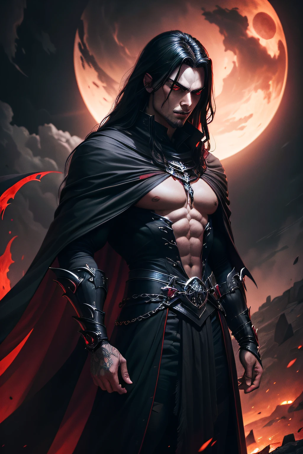 a dark muscular male evil lord, long flowing black hair, black and red cloak, piercing red eyes, menacing expression, powerful aura, standing in a dimly lit chamber,, casting eerie shadows, , adorned with intricate details, with a sinister grin, exuding an aura of darkness, with an intimidating presence, in a gothic castle, with imposing architecture, shrouded in mist, under a blood-red moon, with a storm brewing in the background, creating a foreboding atmosphere, reminiscent of a dark fantasy novel cover, with a dramatic lighting, emphasizing the contrast between light and shadow, evoking a sense of mystery and danger, with a touch of supernatural elements and captivating artistry."