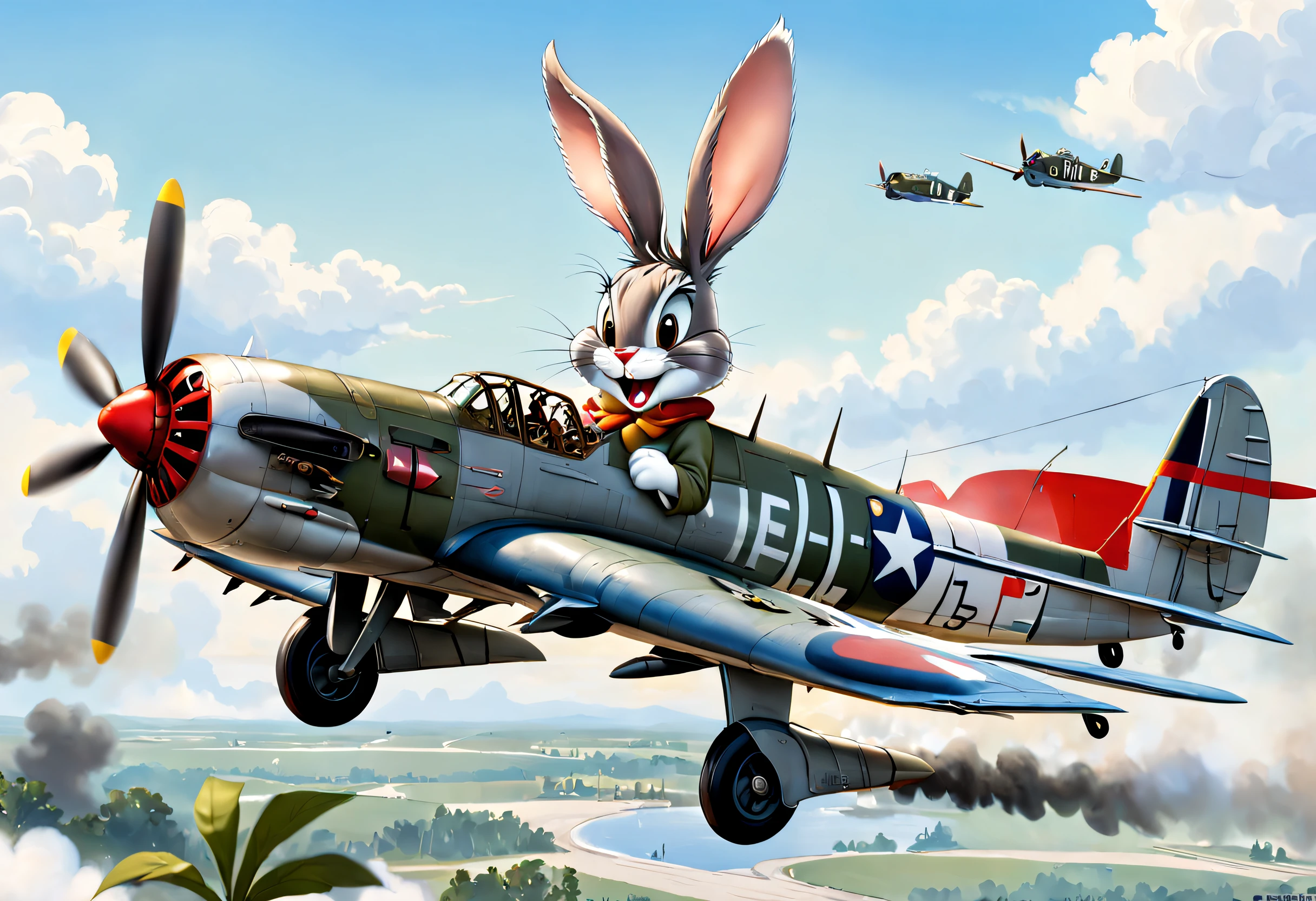 Bugs Bunny flies a World War II plane