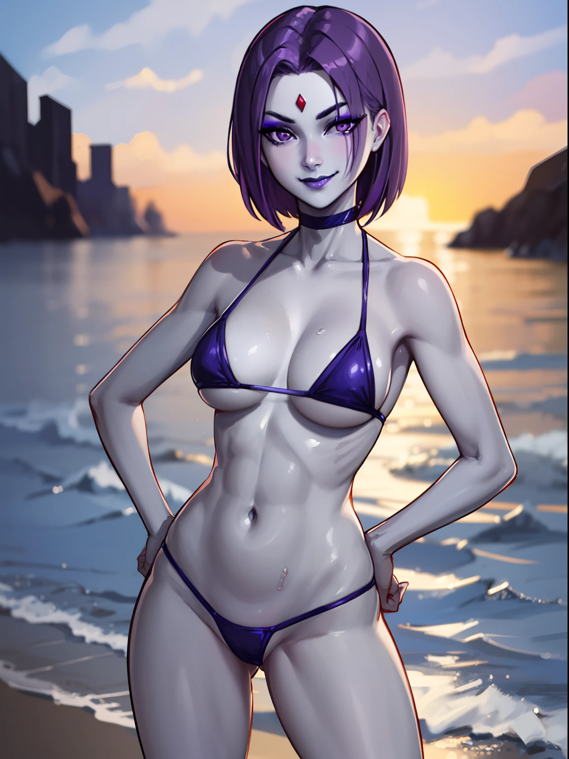 highres, masterpiece, perfect ligthing, bloom, cinematic lighting, adult, perfect skin, female,,1girl,solo,RavenTT,short hair,purple hair, purple eyes,makeup,black lipstick,grey skin,narrow waist,skinny,,outdoor,smirk,fist on hip,micro bikini,ocean