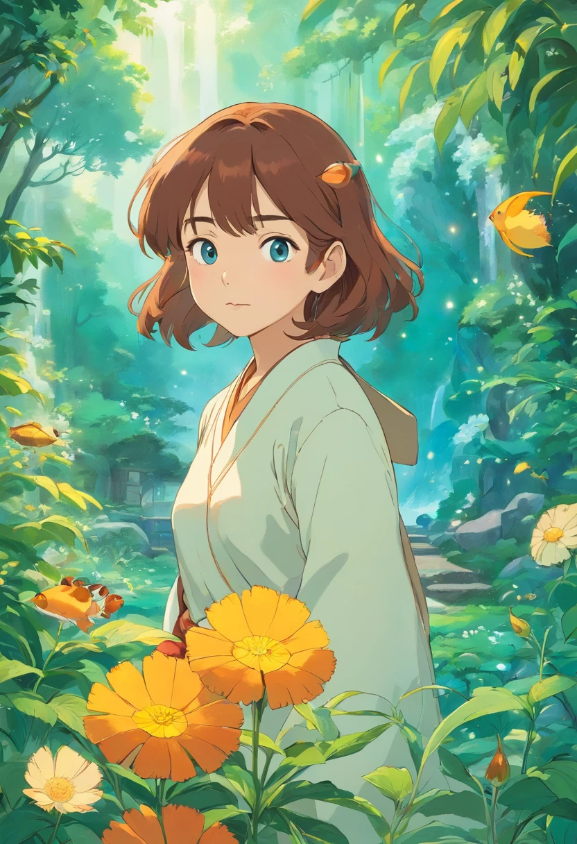inthe style of tranquil gardenscapes, Animated color photos, Masami Teraoka, aquamarine, paul gauguin, Amber style, Honest portrait,A large yard