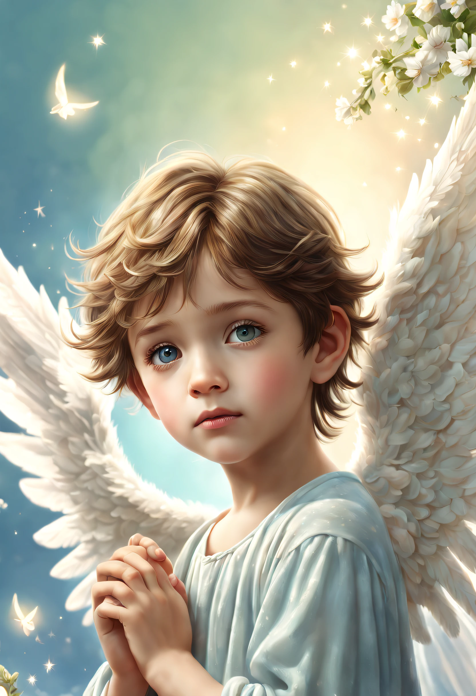 Cute baby boy cupid with big wings. standing among cotton clouds. Digital painting, artstation, concept art, soft focus, sharp, illustration.